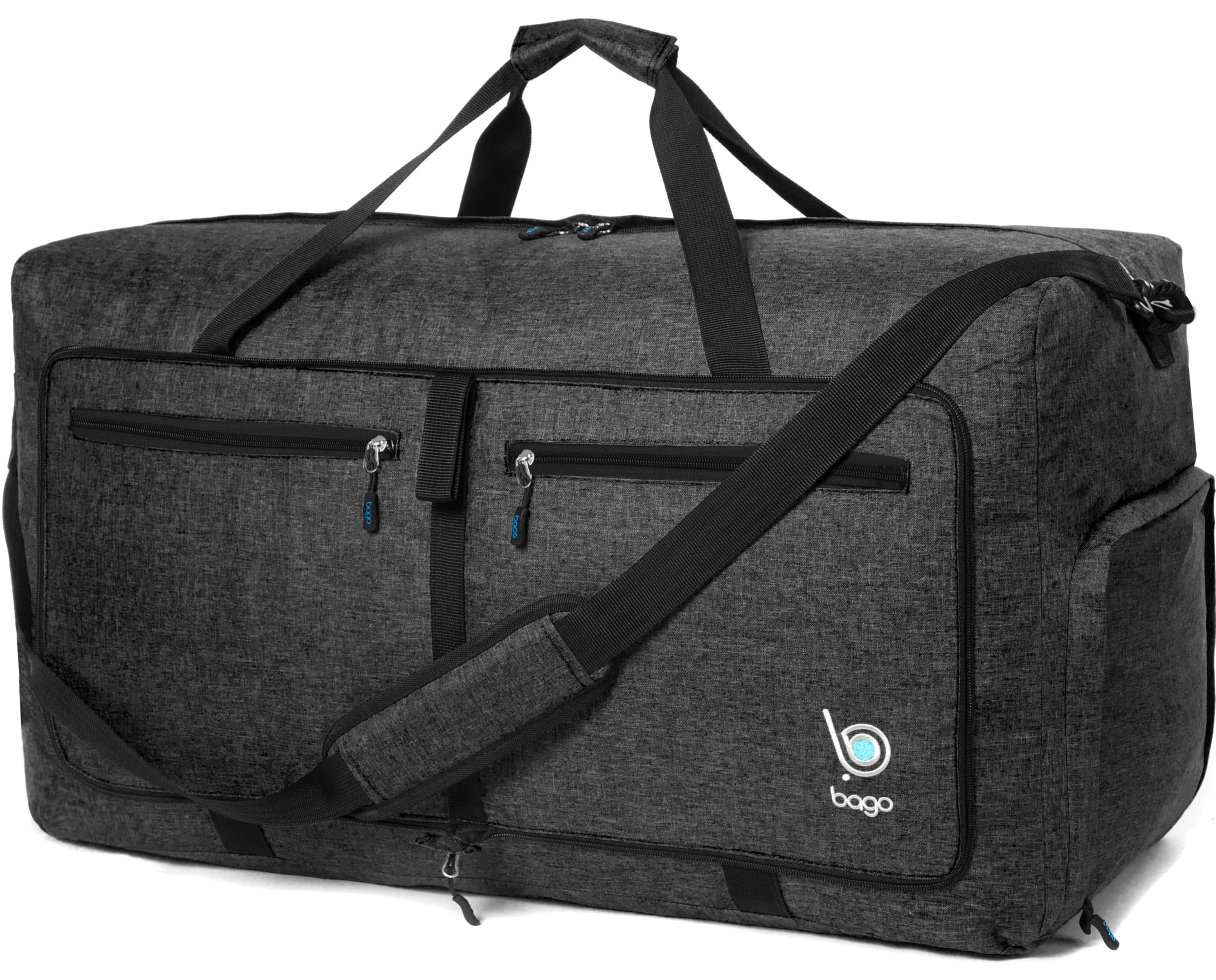 Large Foldable Duffel Bags for Traveling Women & Men - 80L Packable Duffle Bag for Travel with Shoe Compartment - Water Repellant, Heavy Duty, Lightweight Folding & Collapsible (SnowBlack)