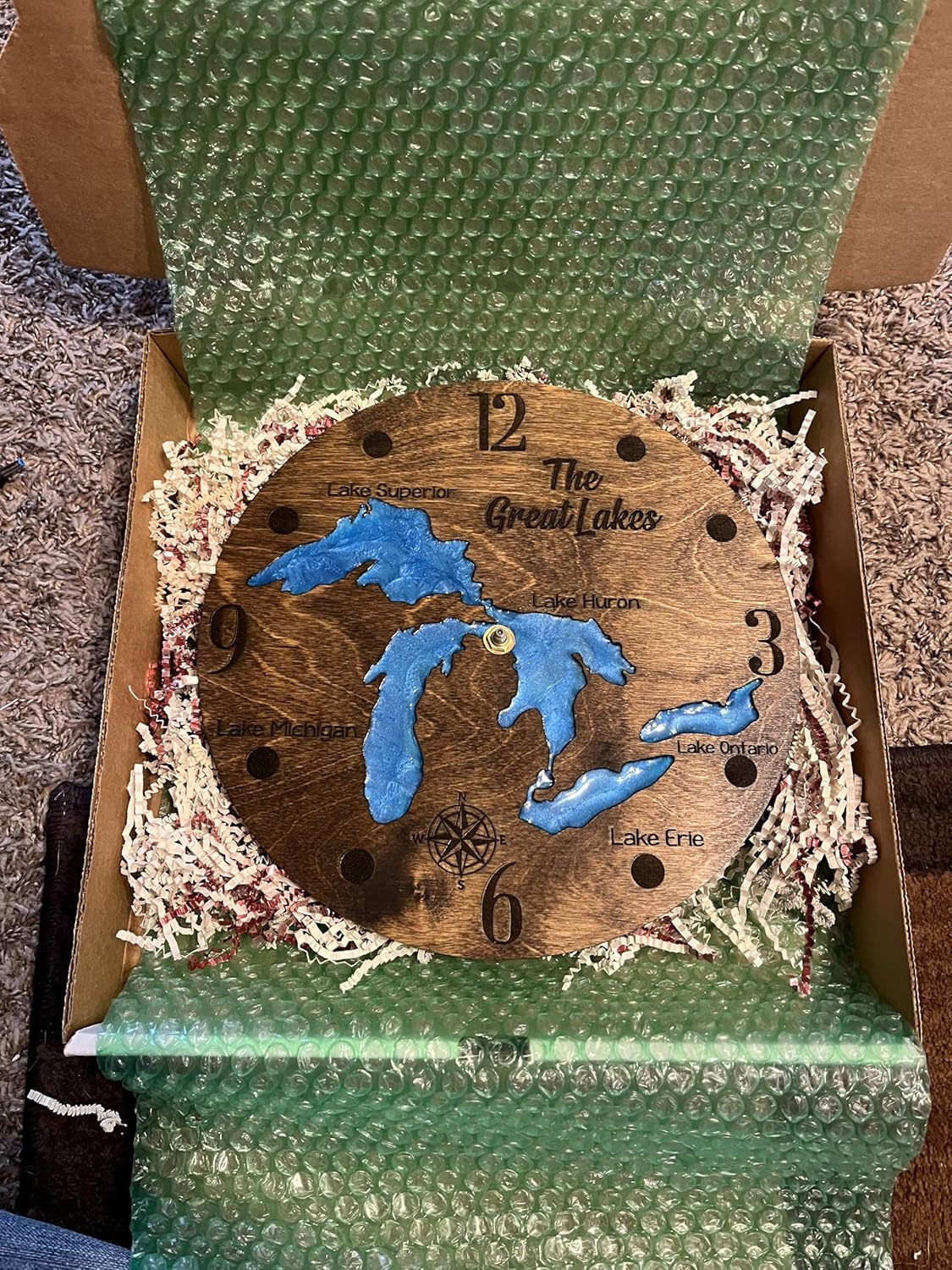 Customized Handmade Wall Clock, River or Lake Map of Your Choice, Glossy Resin Filled, 12 inch Diameter Wall Mounted