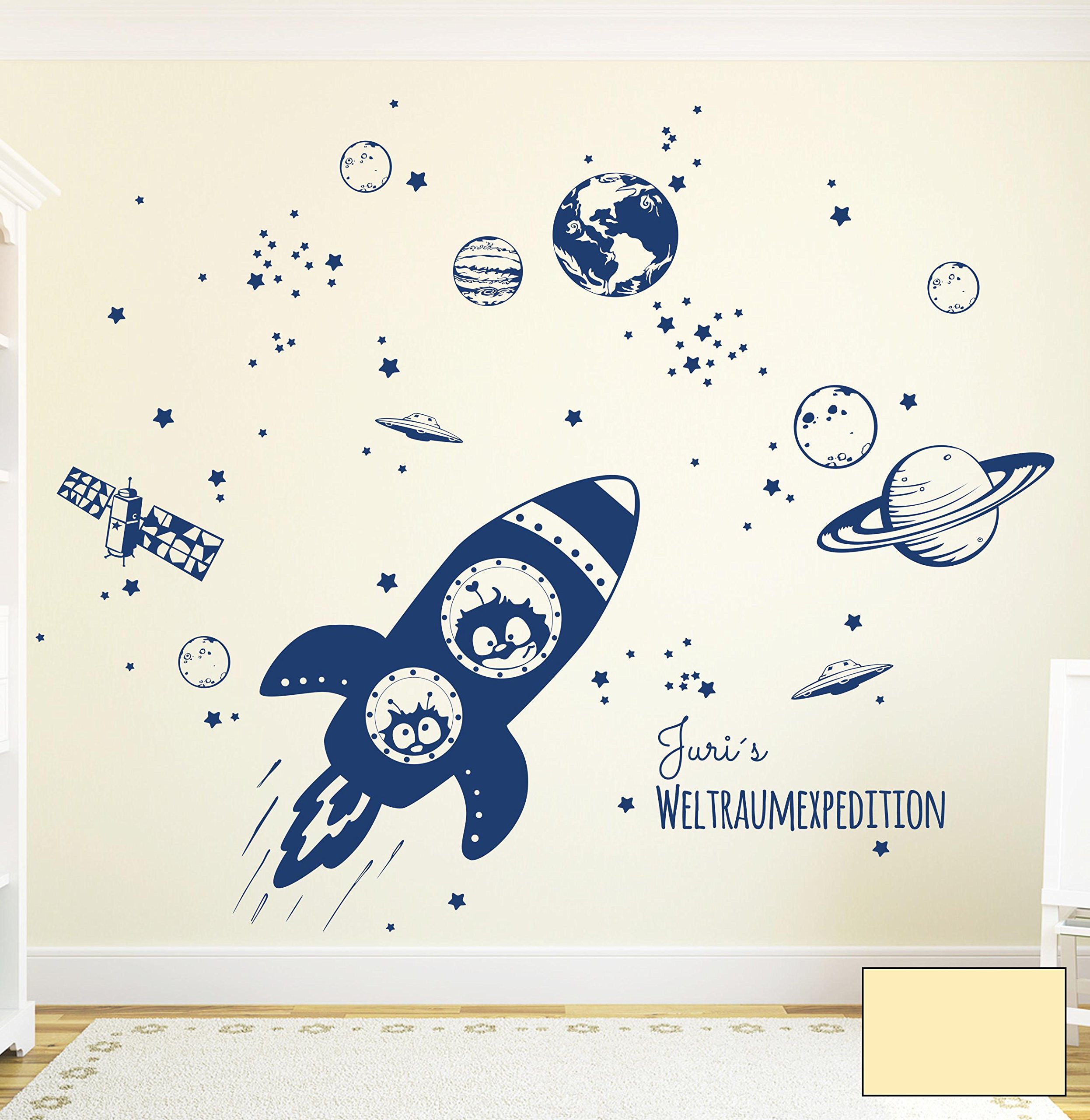 Wandtattoo Wandaufkleber Rakete Raumschiff mit Yuri und Neil im Weltall Weltraum M1653 - ausgewählte Farbe: *Creme* - ausgewählte Größe: *XXL - 180cm breit x 147cm hoch*