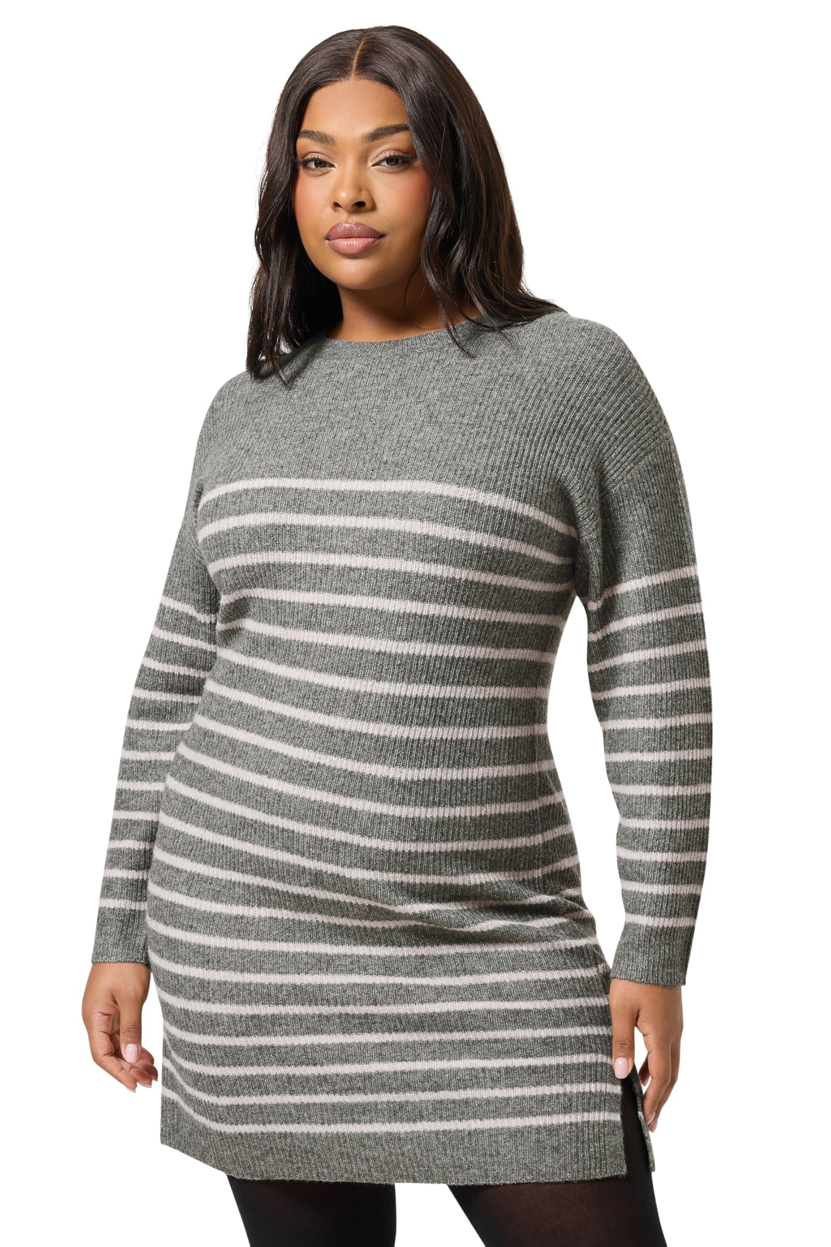 Yours Women's Grey Knitted Striped Dress In | Size: 18/20