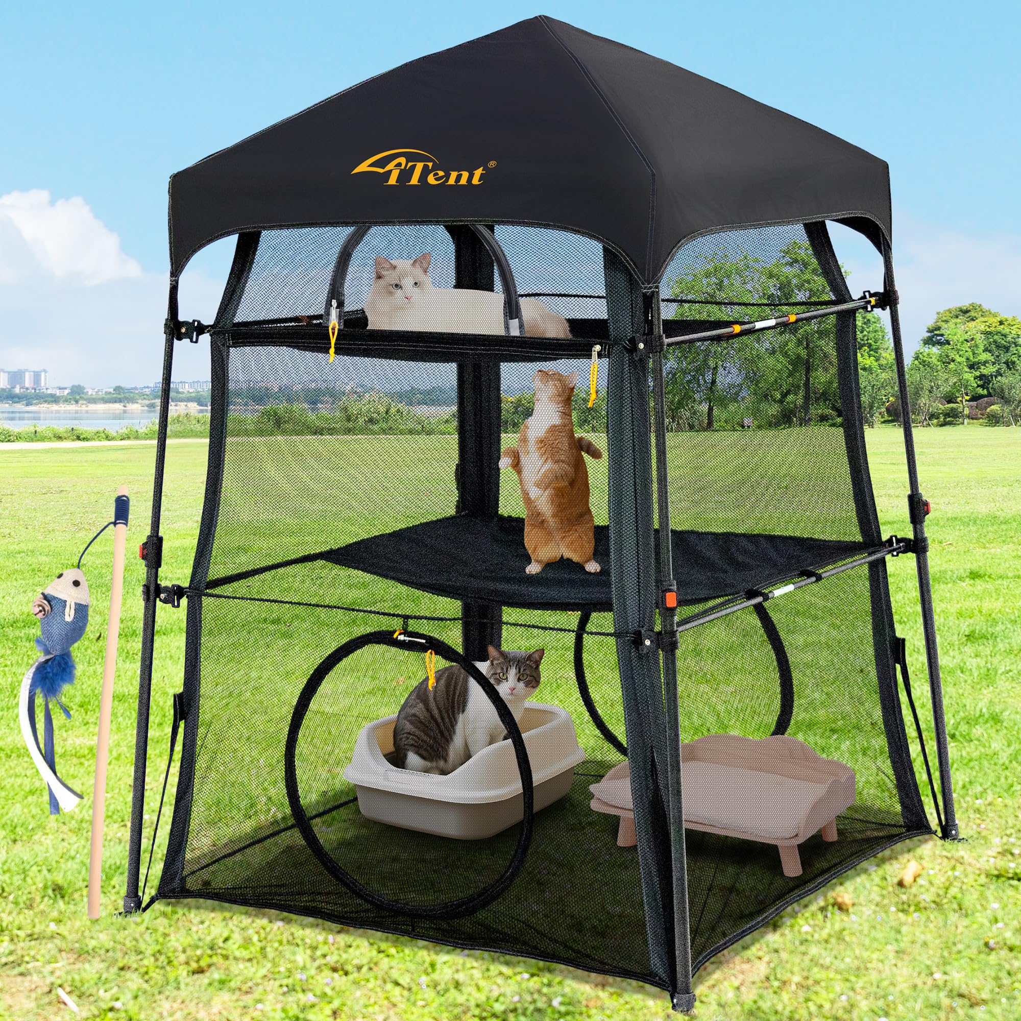 Itent Extra Large Catio Outdoor Cat Enclosure,3 Tier Cat Tower Tent Weatherproof & Sunproof with 3 Doors, Foladable and Portable for Patio, Deck,Camping, Indoor & Outdoor(Patented)