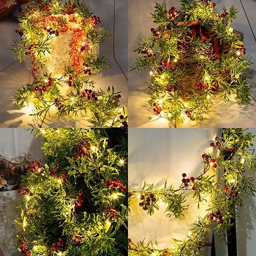 Miniatura 2 de Paquete de 2 guirnaldas de luces artificiales de Navidad con 162 bayas rojas nevadas, 55 hojas verdes, 20 luces LED, funciona con pilas para