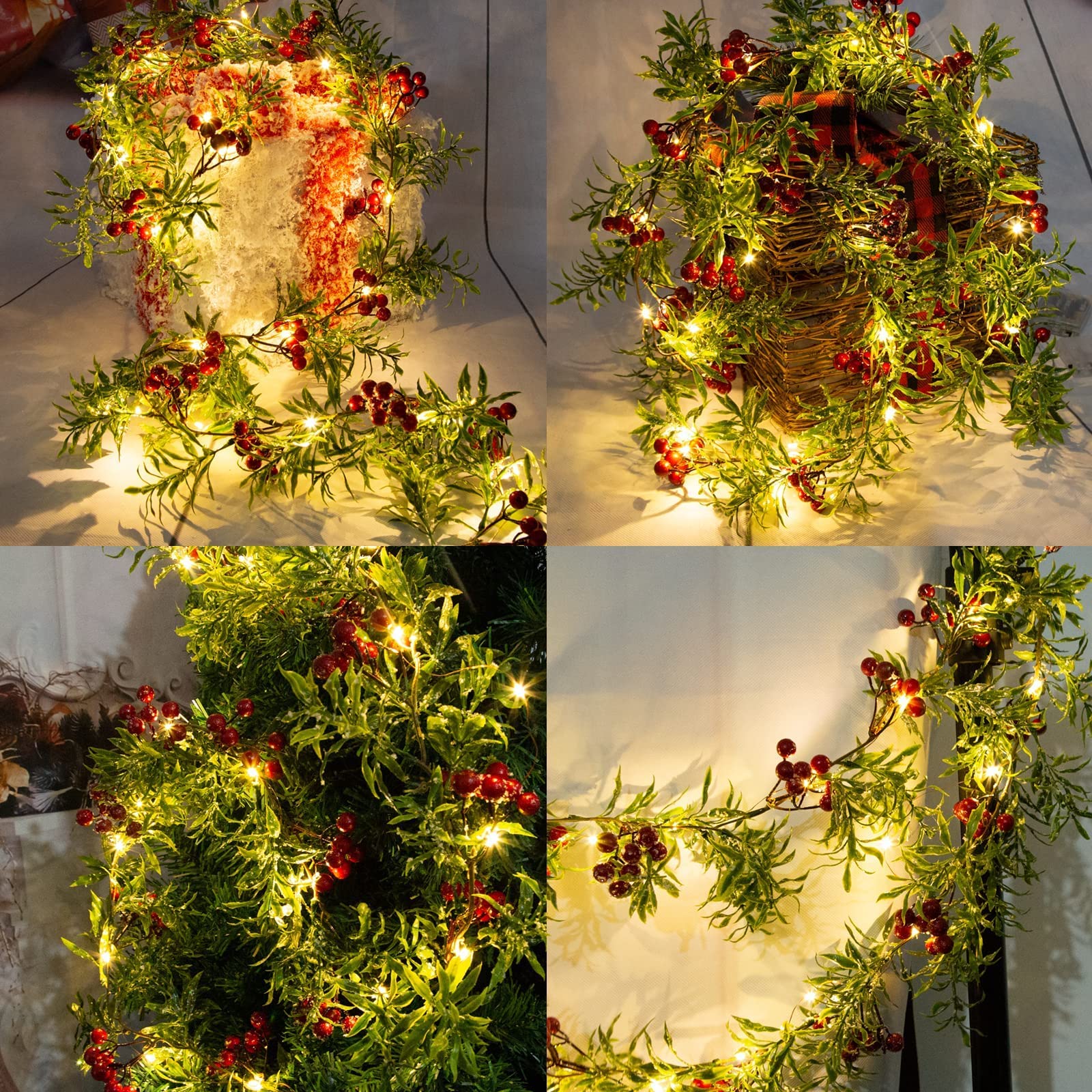 2 Pcs 5.9FT künstliche Weihnachten Girlande String Lichter mit 162 Snowy rote Beeren 55 grüne Blätter 20 LED-Lichter batteriebetrieben für Xmas Mantle Indoor Outdoor Holiday Weihnachtsdekoration