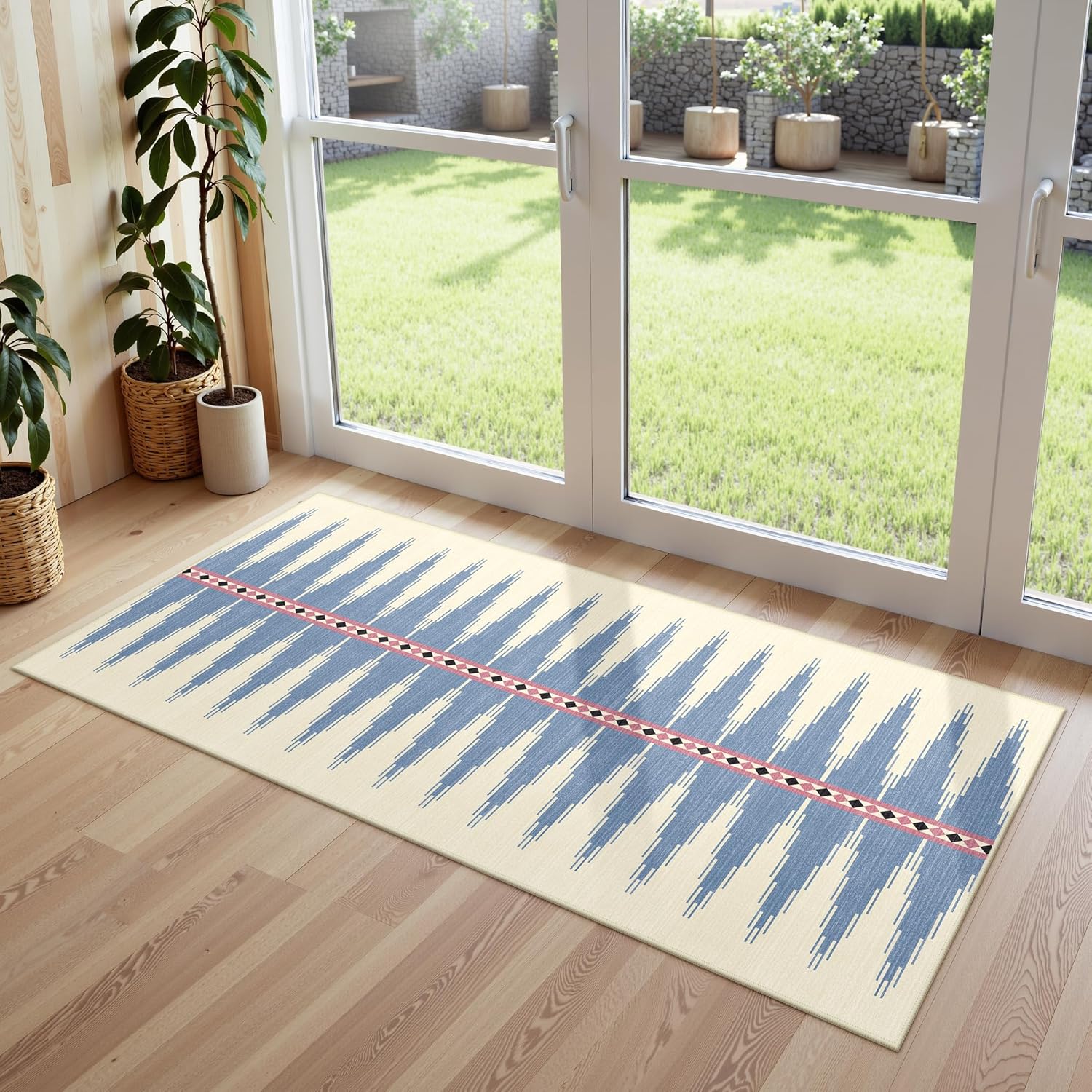 Lahome Modern 2x6 Blue Runner Rug, Washable Laundry Room Rug Non Slip Kitchen Rug Runner, Geometric Print Neutral Carpet Runner for Hallway Bedroom Bathroom (Blue, 2'x6')