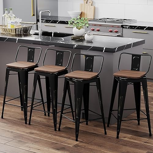 Alunaune Juego de 4 taburetes de bar giratorios de metal de 26 pulgadas, taburetes de bar de altura de mostrador, sillas de bar industriales con