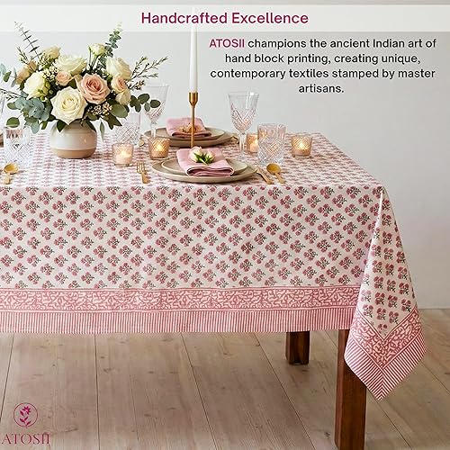 Miniatura 3 de ATOSII - Mantel Gulbahar blanco y rosa de 100 % algodón, estampado floral a mano, rectangular, lavable, para mesa de cocina, comedor, buffet,