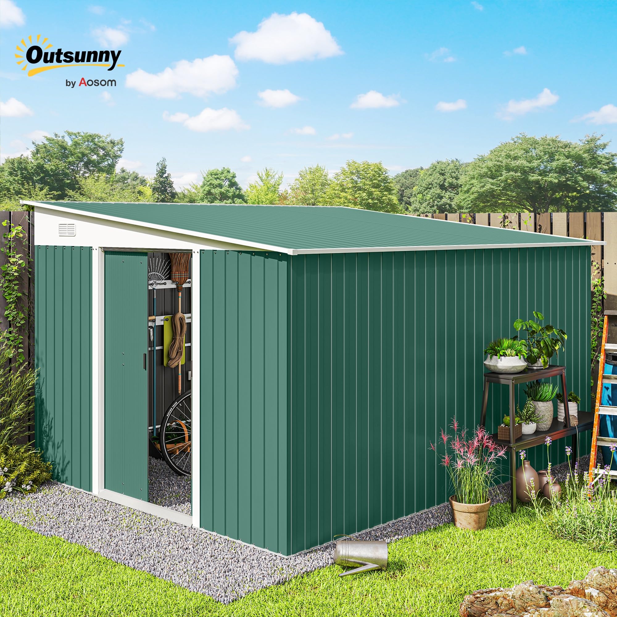Outsunny Metall Gerätehaus 280x345x201cm 19,4m³ Gartenhaus mit Pultdach Schiebetür wetterfest Anthrazit