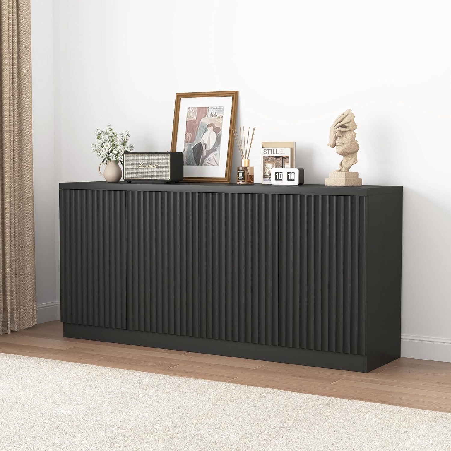Fluted Buffet Cabinet Sideboard with Storage,63" Large Credenza with 4 Doors with Adjustable Shelves,Wood Mid Century Modern Sideboard for Kitchen, Living Room,Entryway(Black)