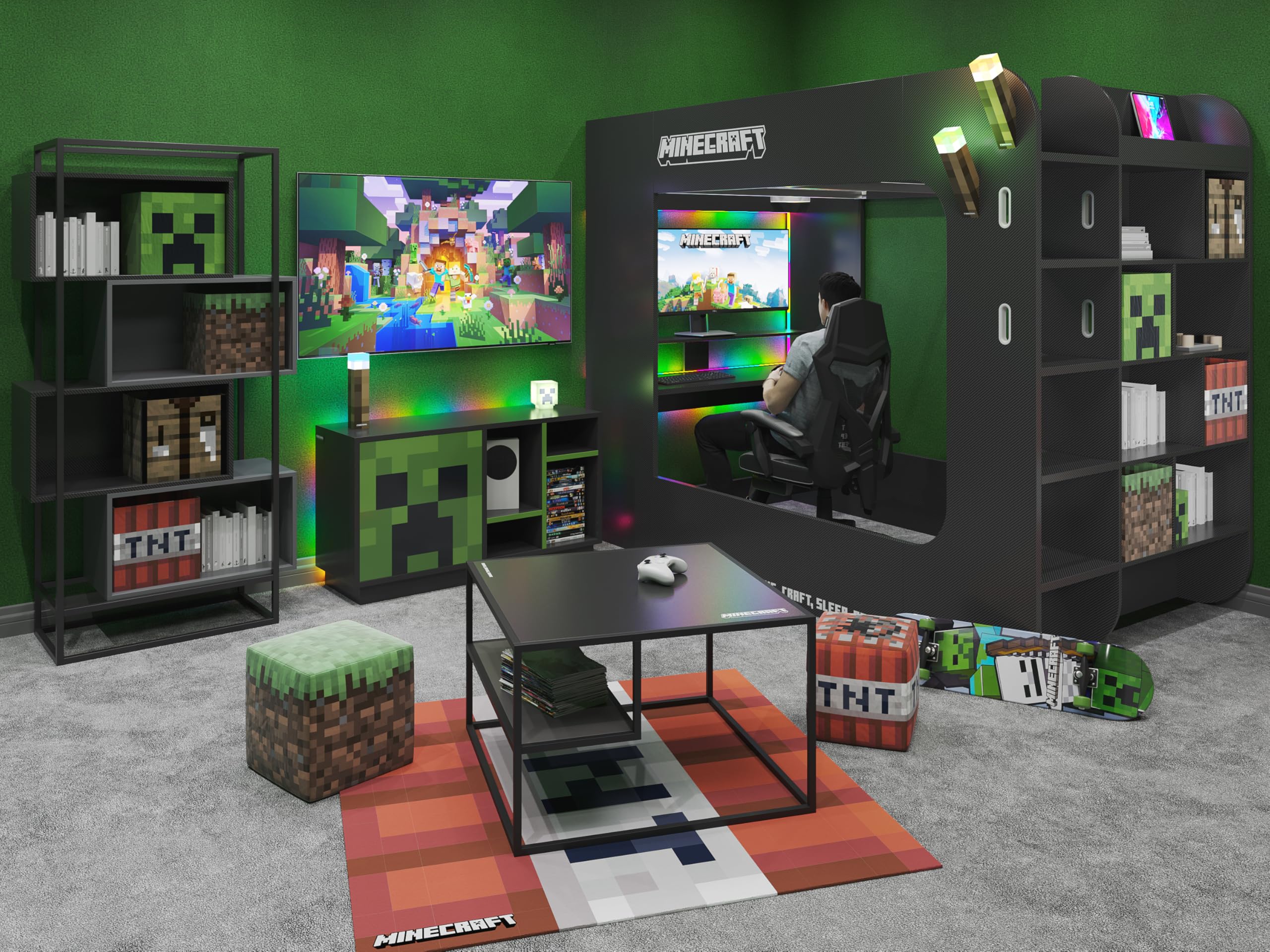 Minecraft - Kleiderschrank mit 3 Türen und 3 Schubladen, inkl Kleiderstange und Beleuchtung, Schwarz