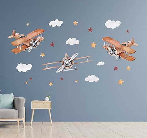 Miniatura 3 de Calcomanías de pared de avión grandes para niños, calcomanías de pared modernas multicolor de dibujos animados de avión de guardería, calcomanías
