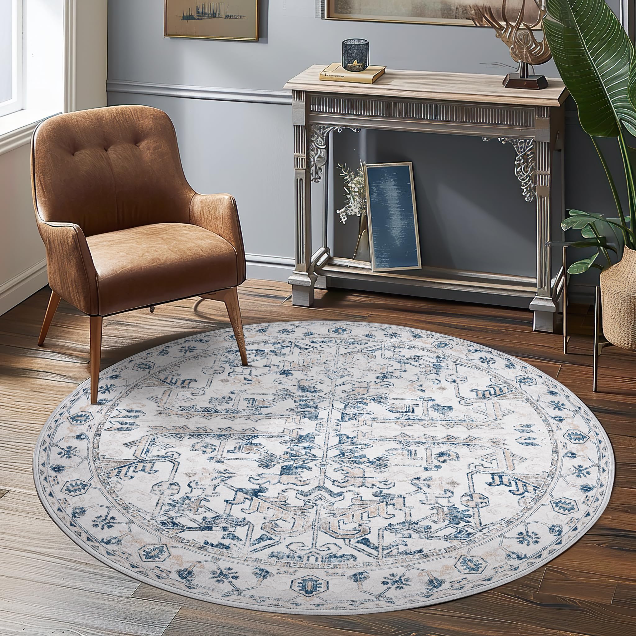 jinchan Round Rug 4ft Area Rug Vintage Floor Mat Kitchen Indoor Circle Rug 4' Round Thin Rug Floral Print Carpet Retro Farmhouse Non Slip Dining Room Living Room Bedroom Office Decor Blue