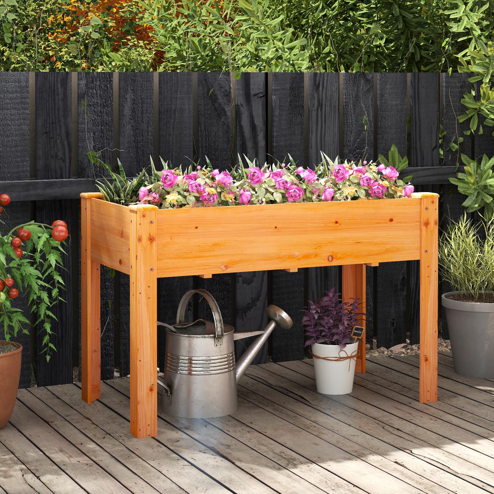 HOMASIS Huerto Urbano de Madera Abeto, 120 x 60 x 81 cm, Jardinera Elevada Terraza Exterior con Orificio de Drenaje, Compartimento de Almacenamiento, para Jardín, Balcón, Casa (marrón Rojizo)