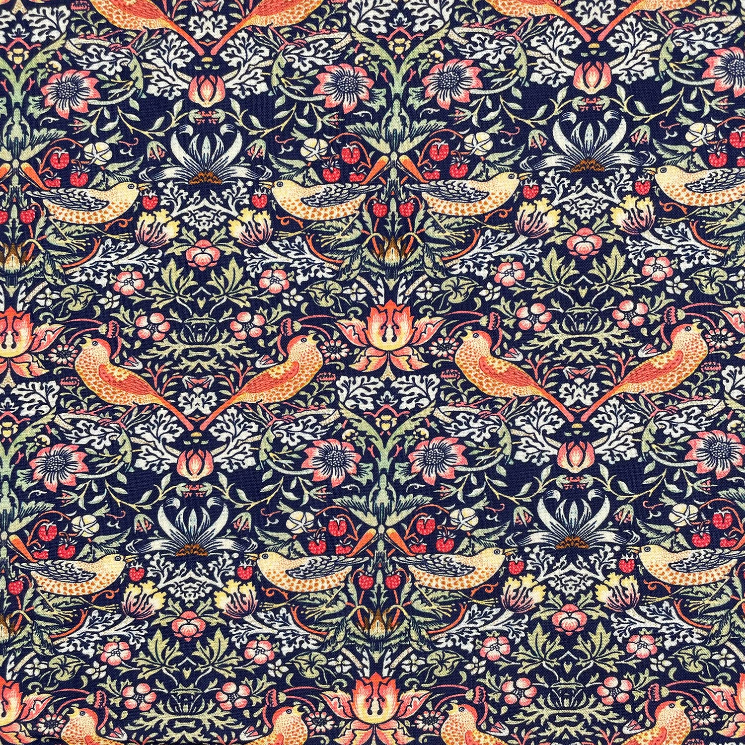 Glamour Secrets Navy Blue Cotton Fabric - William Morris Strawberry Thief & Taupe- Floral & Bird Print - Craft Fabric Material Metre