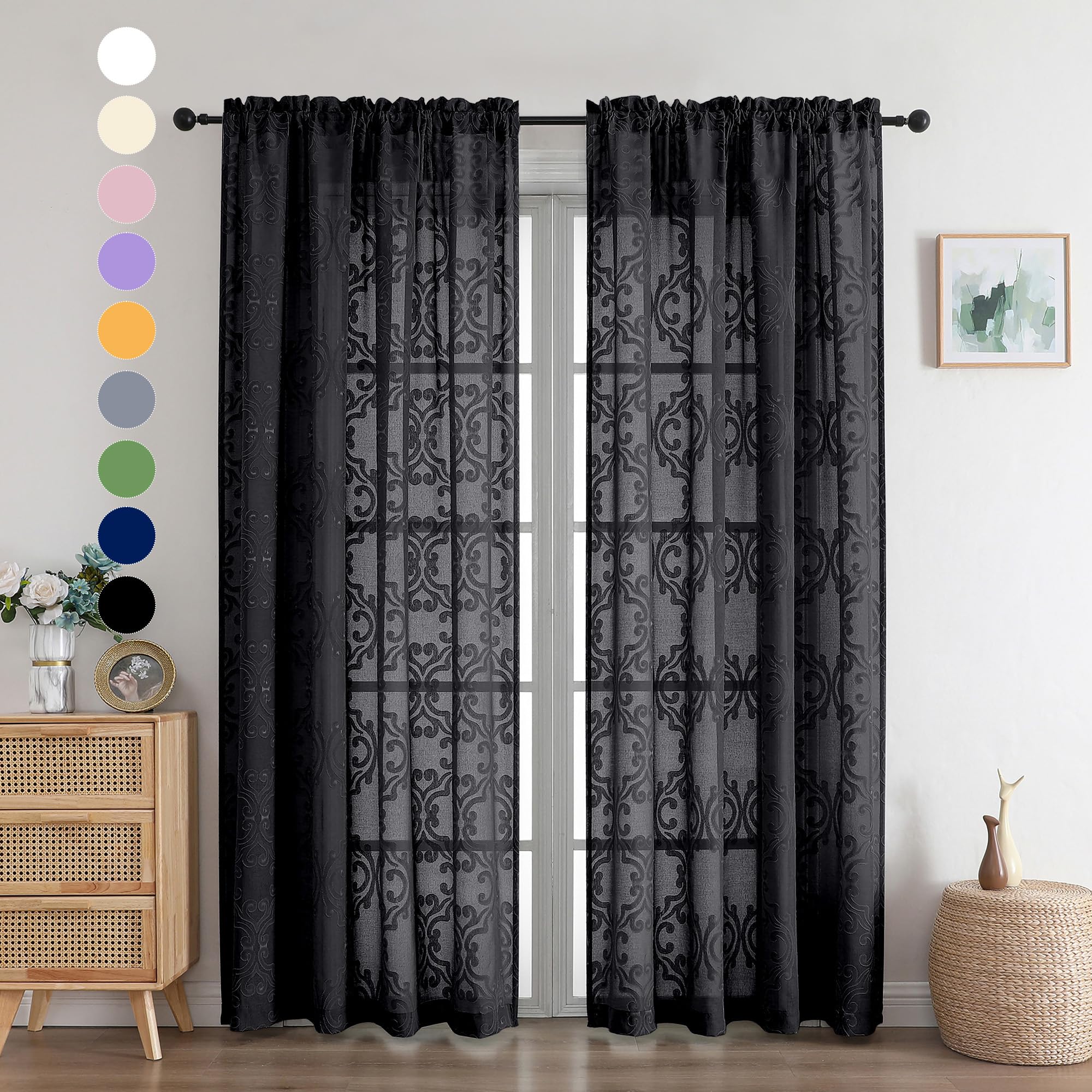 Aiyufeng Black Curtains 84 Inches Long for Bedroom Living Room, Solid Black Curtains Elegant 3D Floral Clip Jacquard Light Filtering Semi Sheer Curtains & Drapes, 54Wx84L Inch, 2 Panels