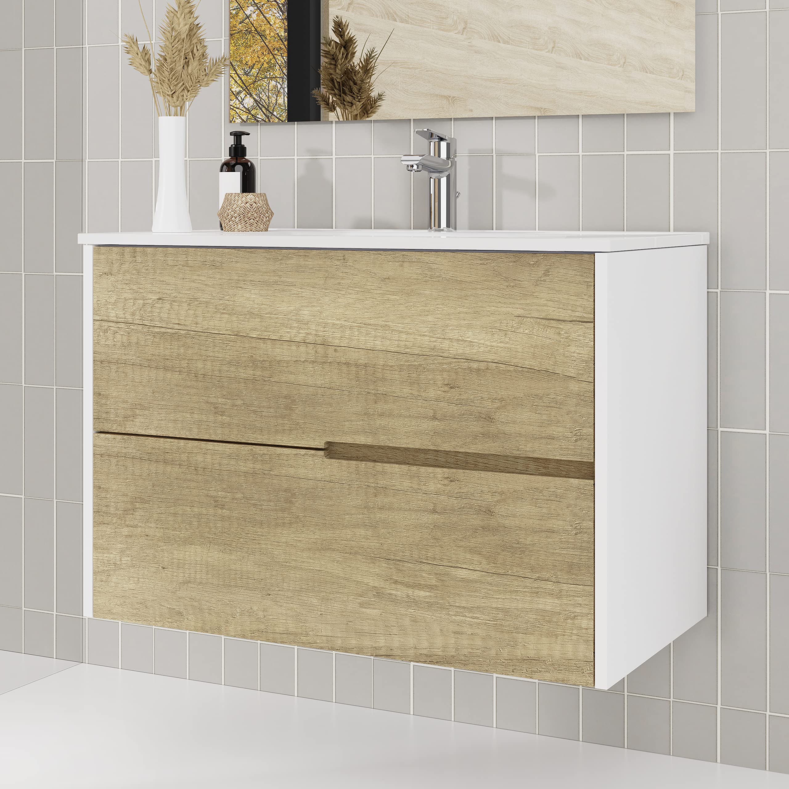Baikal Mueble de baño Gavin, 2 cajones, suspendido en Pared. Incluye Lavabo cerámico. Varios Acabados. Se Entrega Montado. con Espejo 80 cm Nature