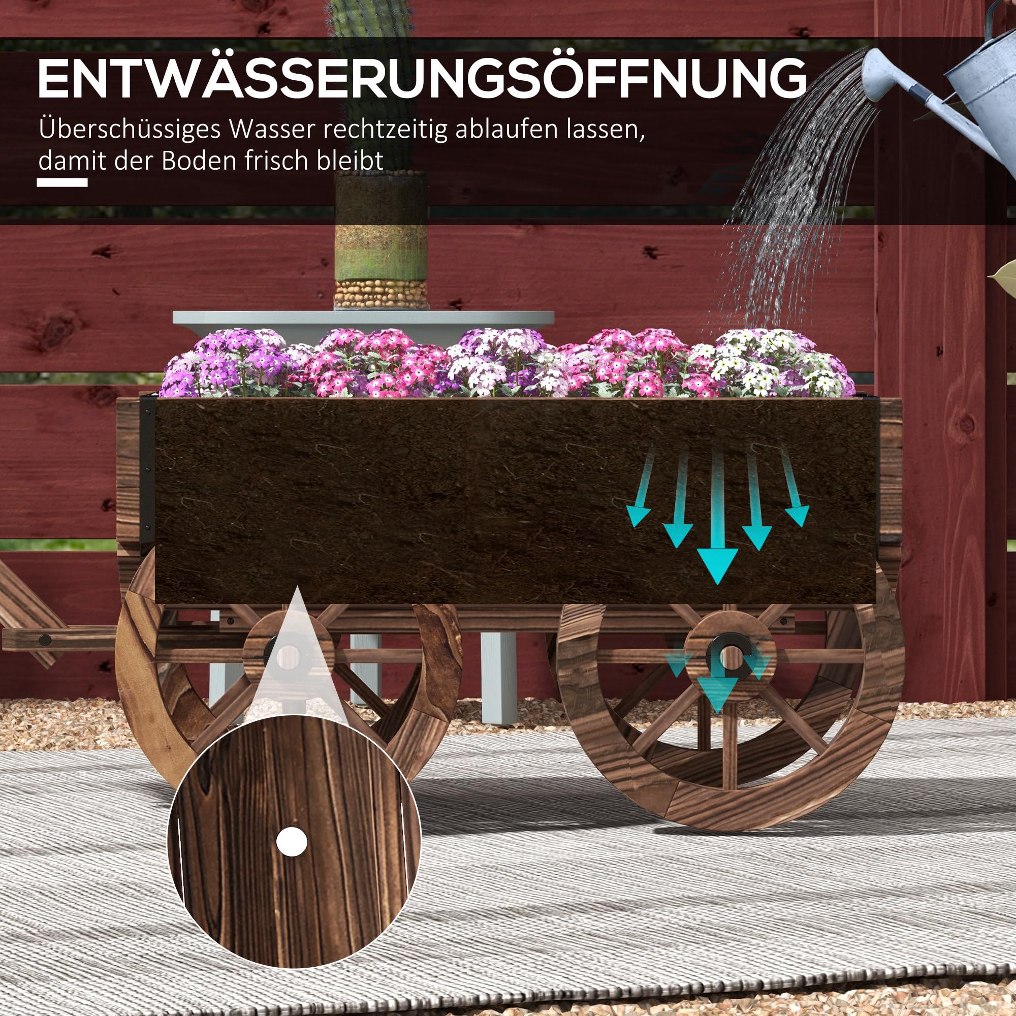 Outsunny Blumenkasten im Holzwagen-Design, Verkohlt, 120 x 41 x 54 cm