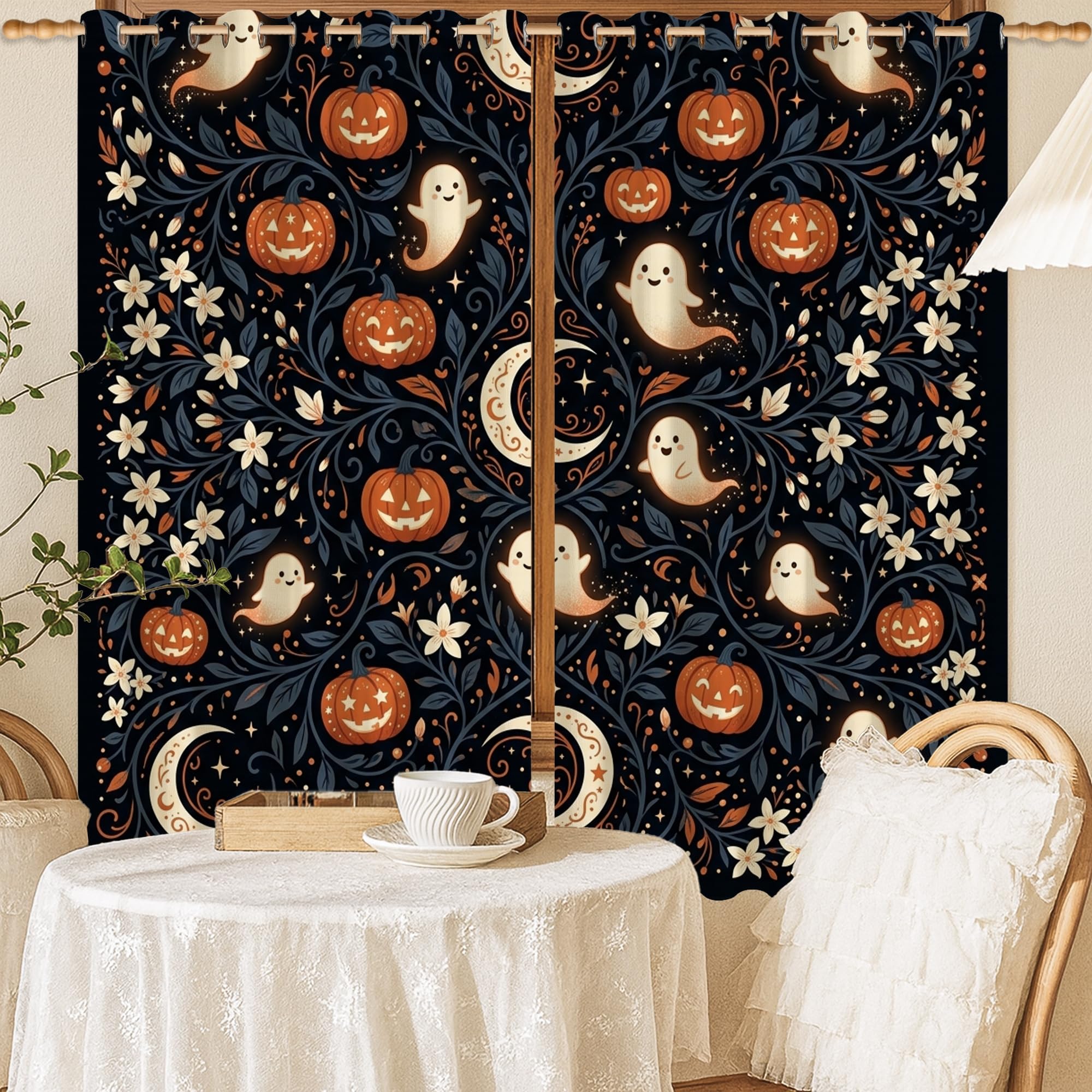 Rideaux occultants Halloween citrouilles sans plis noir 132x137