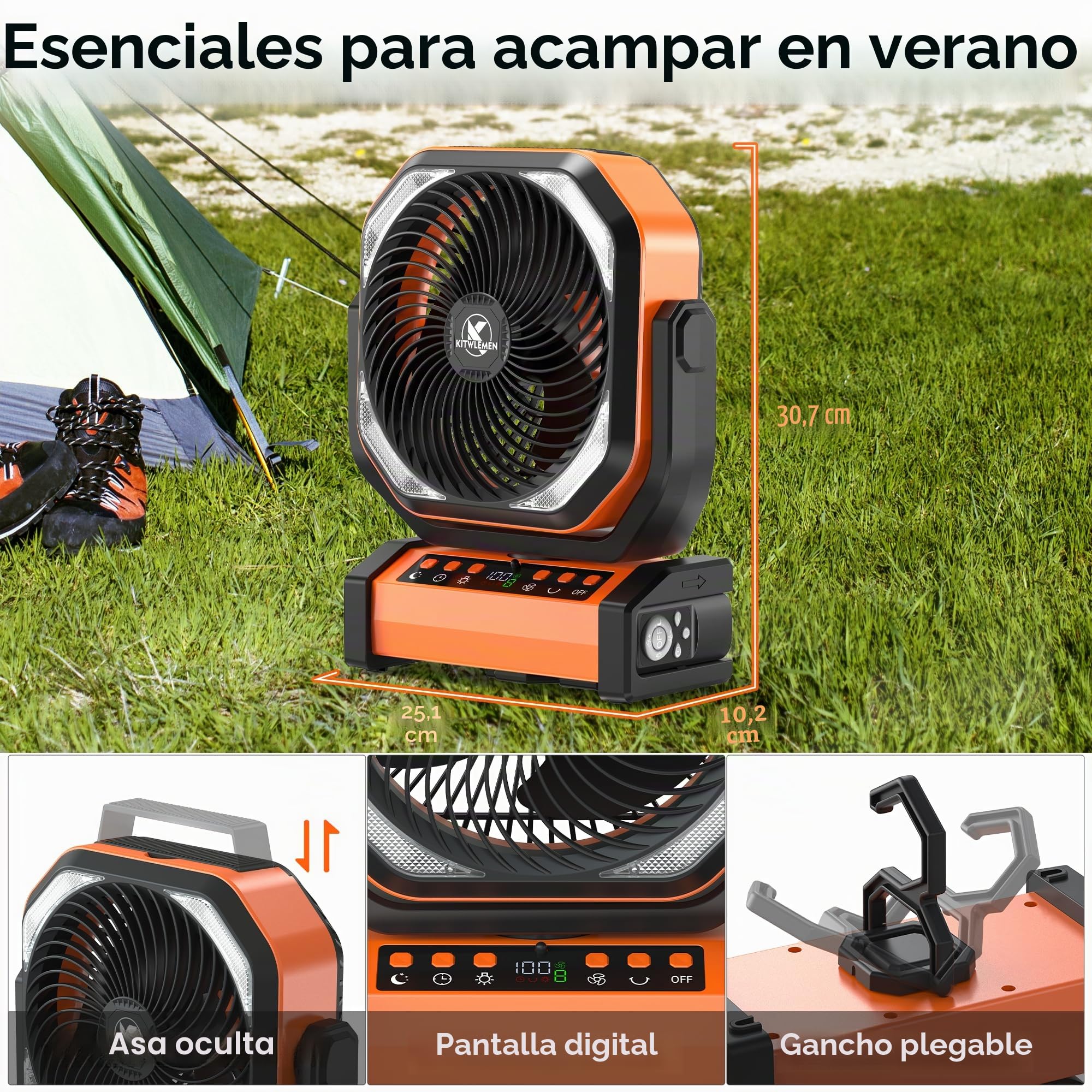 KITWLEMEN Ventilador de camping con luz, 20000 mAh, 112 horas de autonomía máx. 9 velocidades, temporizador, oscilación automática, rotación de 270° y gancho de camping, corte de corriente, huracán
