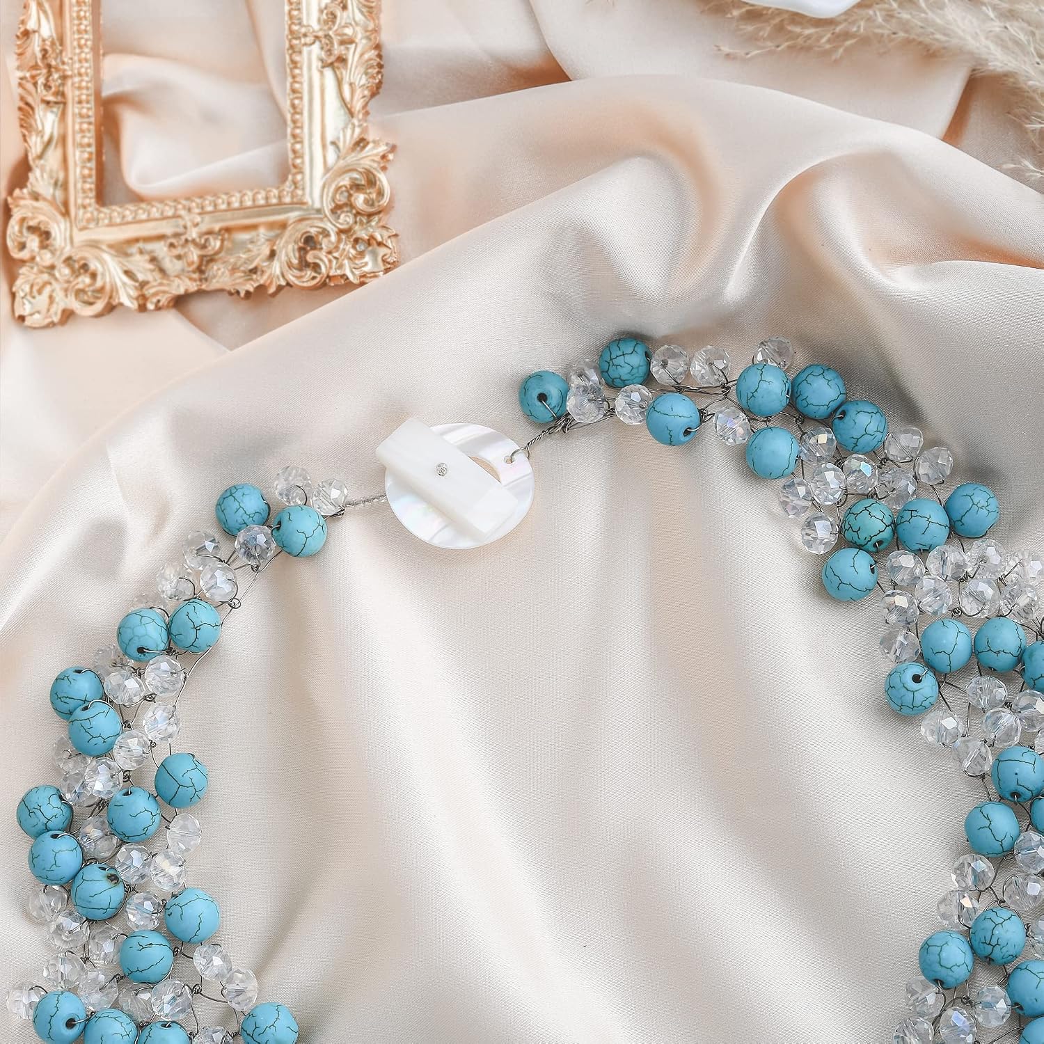 AeraVida Glowing Elegance Simulated Blue Turquoise and Crystals Collar Bib Statement Necklace