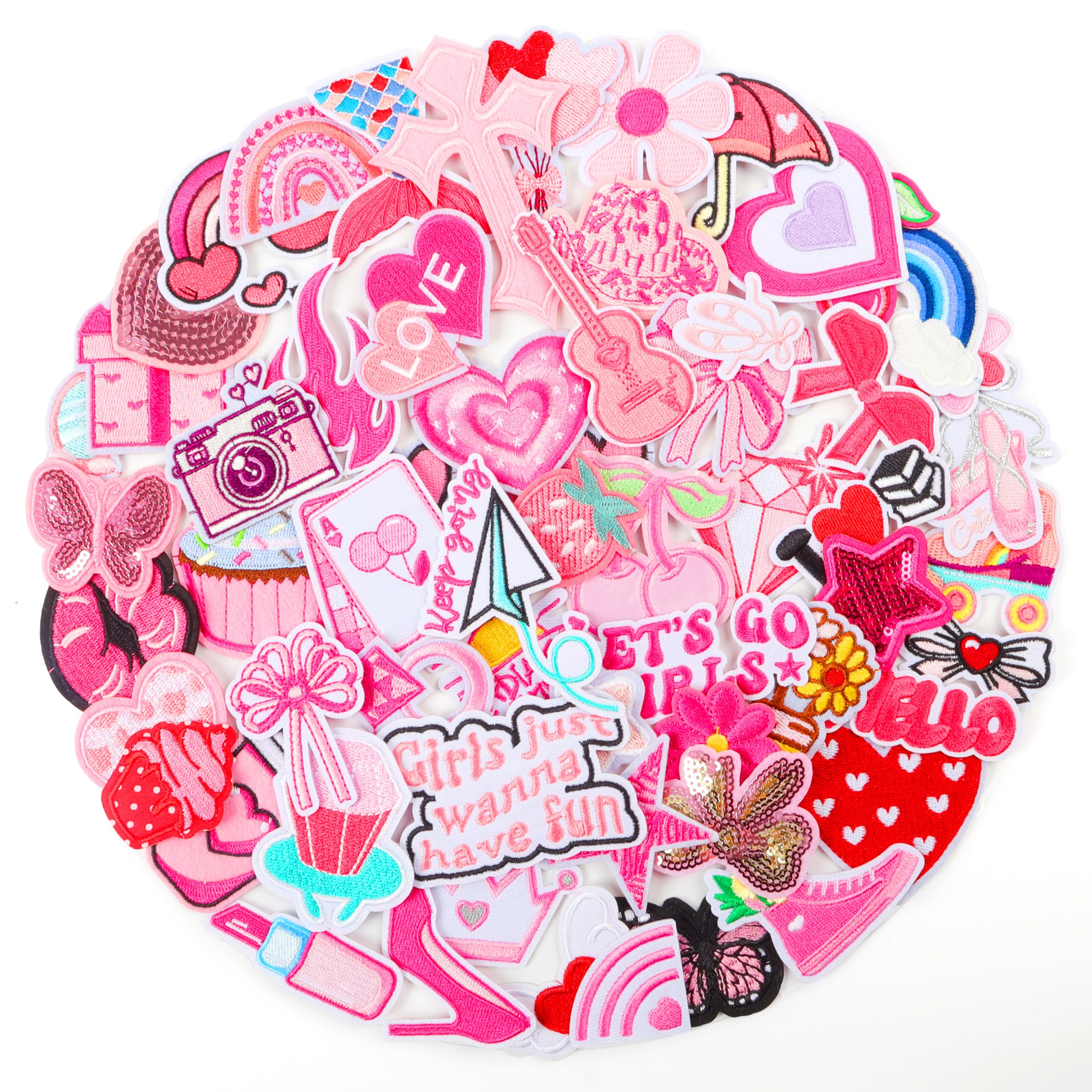 NICEVINYL Pink Iron on Patches for Girls: 60PCS Girly Random Embroidery Patches for Backpacks Clothing Hats Jackets Pants Decor - Assorted Cute Sew on