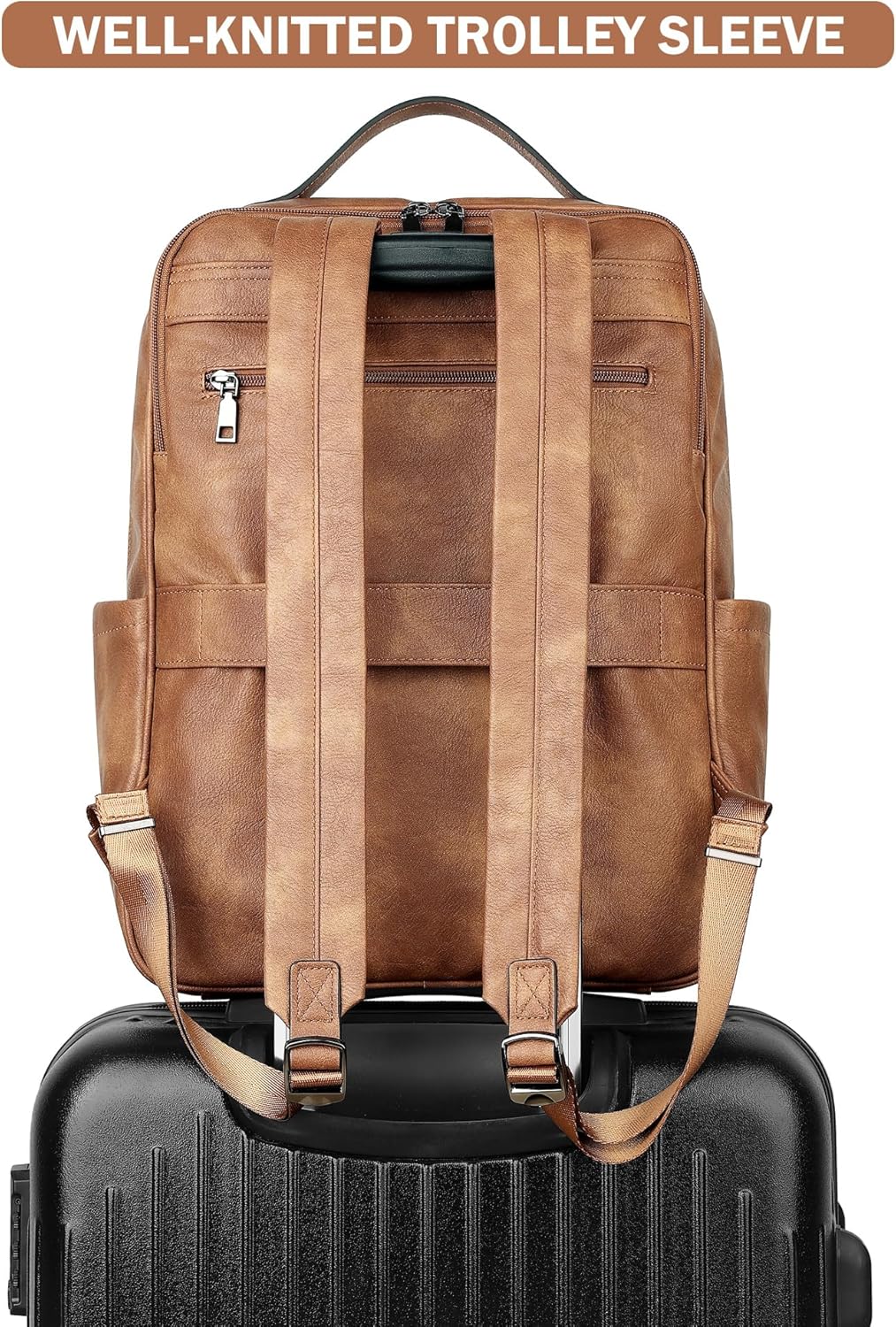 MASINTOR 15.6 inch PU Leather Laptop Backpack Purse for Women, Large College Casual Backpack Travel Bag Mocha Brown - Image 7