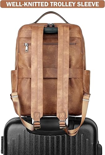 Miniatura 7 de MASINTOR Mochila para portátil de piel sintética de 15.6 pulgadas para mujer, mochila casual grande para universidad, bolsa de viaje, color marrón