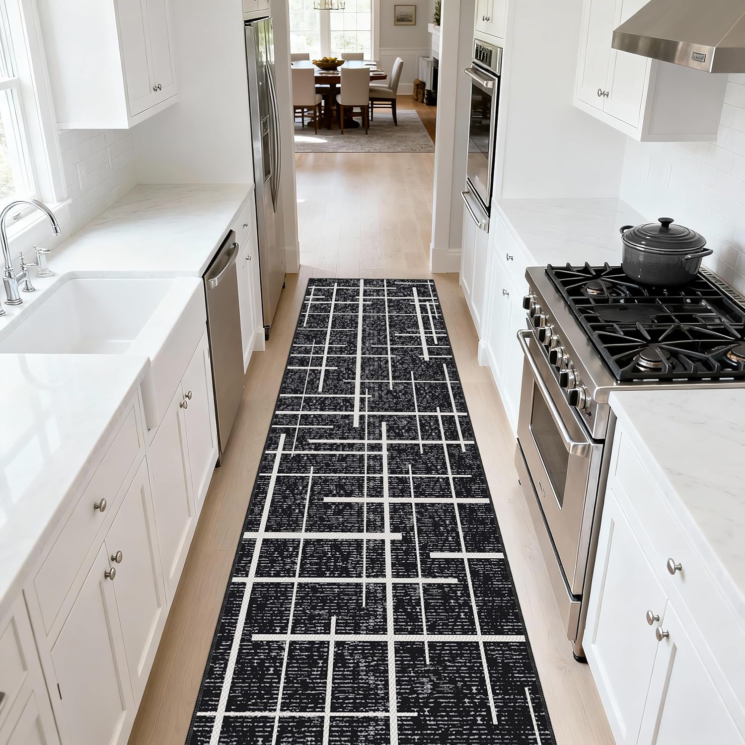 Modern Stripe Hallway Runner Rug Non Slip, Washable 2x10 Runner Rug, Woven Thin Low Pile Carpet Runners for Hallway 10ft Entryway, Kitchen, Walkway -Midnight Black 2' x 10' (Runner) Striped- Midnight Black