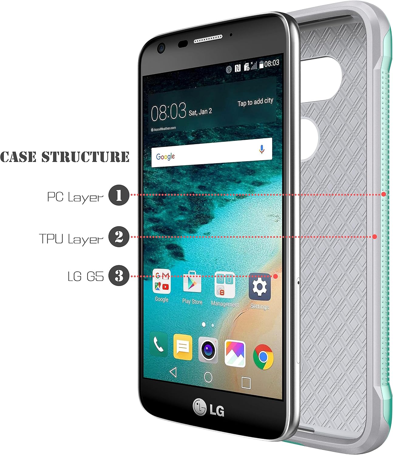 E LV Case for LG G5 - Hybrid [Scratch/Dust Proof] Armor Defender Slim Shock-Absorption Bumper Case for LG G5 - [Grey/Mint]