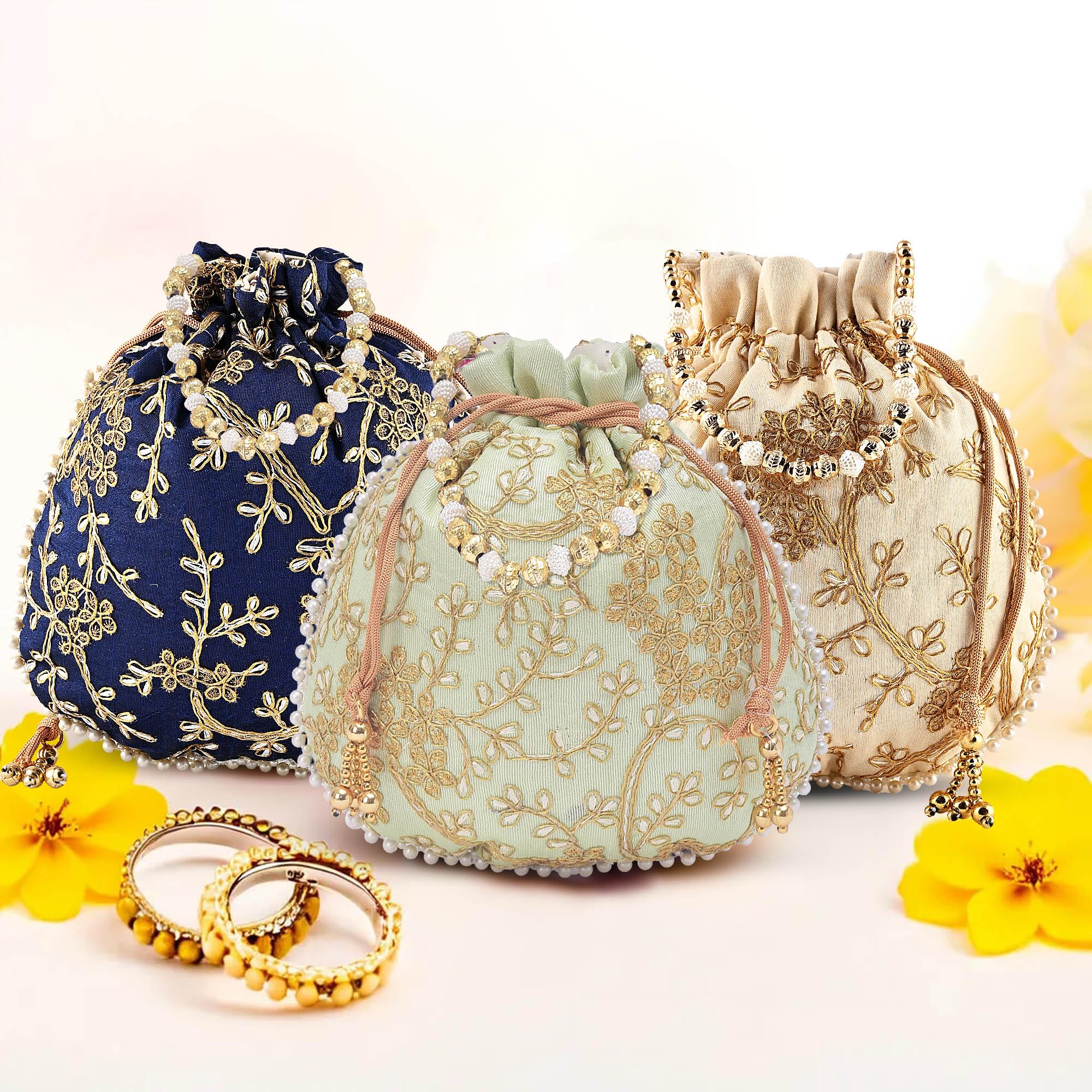 Kuber Industries Pack of 3 Potli Bags for Ladies & Girls | Shagun Pouches for Festive Seasons | Embroidery Bridal Purse -Dark Blue, Cream & Green (B0DB7RBRXD) Amazon Price History, Amazon Price Tracker