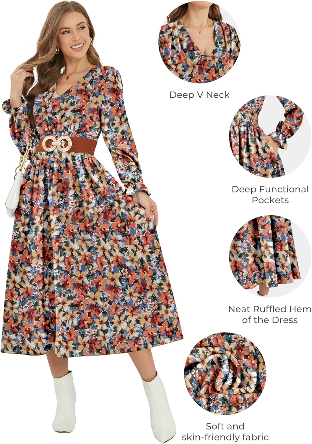 CYiNu Womens Floral Long Sleeve Midi Dress Deep V Neck Elastic Waist Boho Floral Dress for Women - Image 4