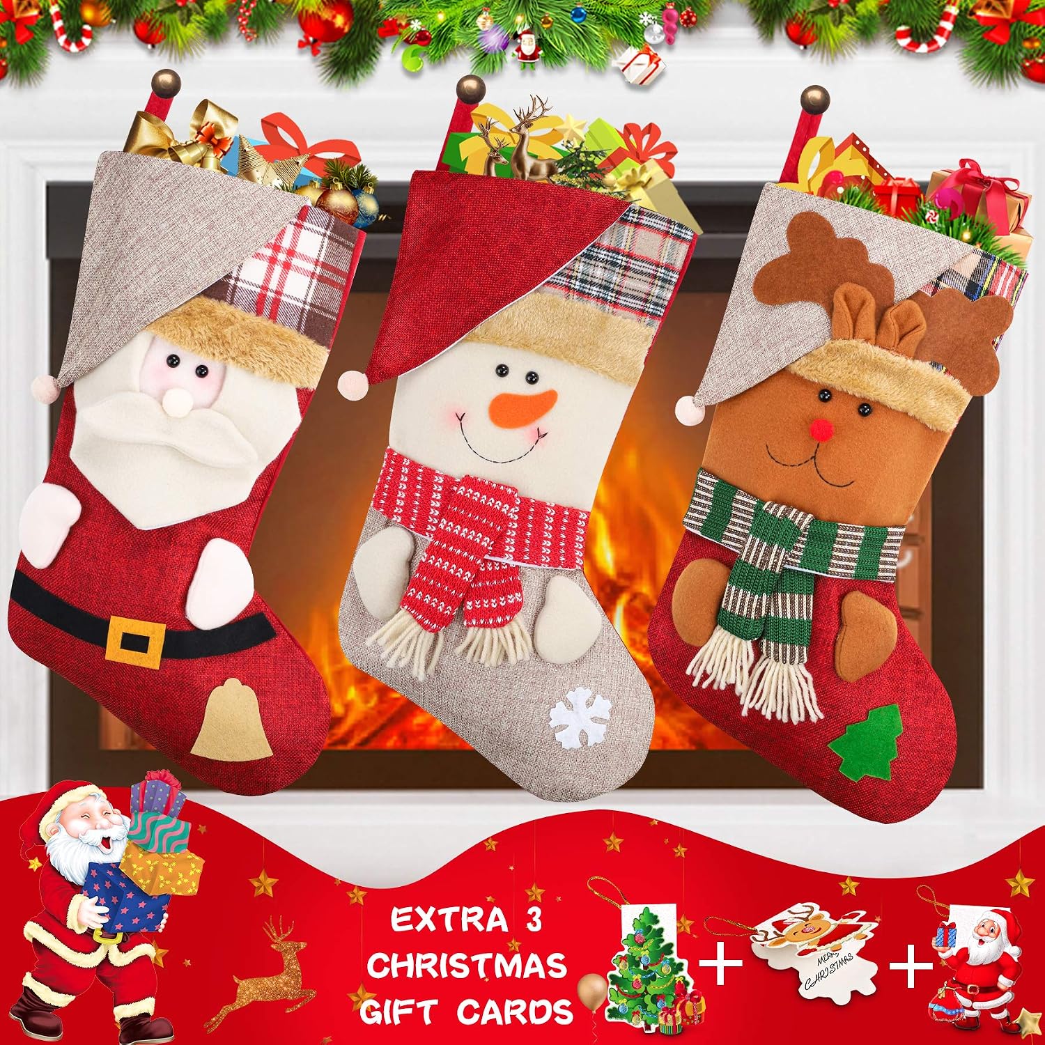 Christmas Stockings, Set of 3 Larger 18" Personalized Christmas Stockings Unique Santa, Snowman & Reindeer Design Burlap Christmas Stockings for Christmas Decorations Holiday Party Decorations