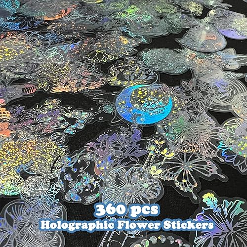 Miniatura 4 de 360 calcomanías holográficas de mariposa, mariposas brillantes con purpurina de resina, diseño de flores y universo, con 8 temas para álbumes de
