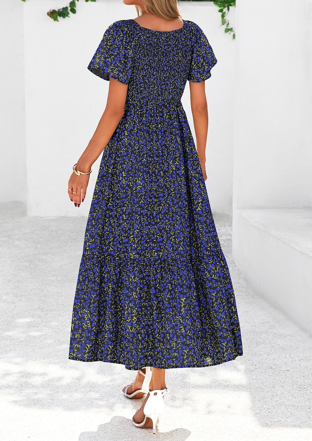 PRETTYGARDEN Boho Dresses for Women 2026 Summer Floral Short Sleeve V Neck Smocked Flowy Beach Vacation Maxi Dress - Image 2