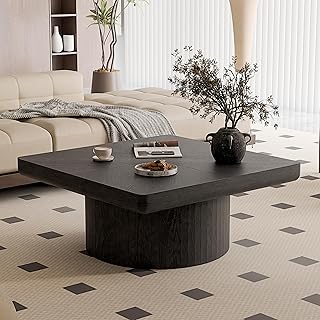 35" Parquet Wood Veneer Coffee Table, Contemporary Center Table with Thickened Top, Modern Centerpiece with Cylindrical Base for Living Room, Black