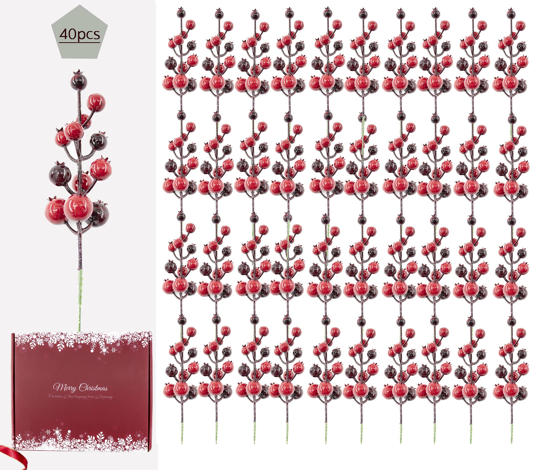 ROXLUAY 40pcs Christmas Red Berries Stems, Artificial Christmas Picks for Christmas and Wreath Decorations, Christmas Holiday Crafts ,Gife Holiday and Home Decor