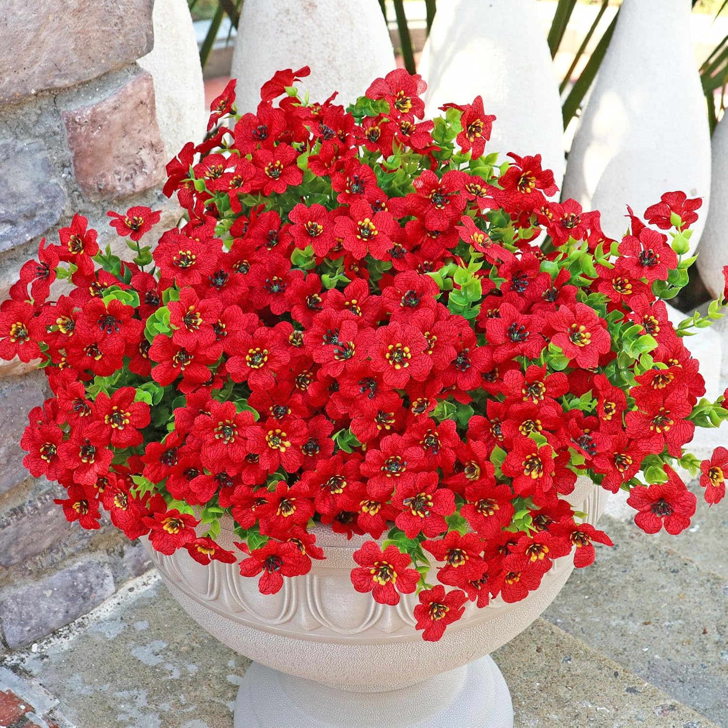 Kingsboomy Artificial Flowers for Outdoors, Faux Plants Flowers, 12 Bundles Silk Colorful Fake Flowers Eucalyptus Realistic UV Resistant for Outside Home Planter Porch Patio Yard Decor (12, Red)