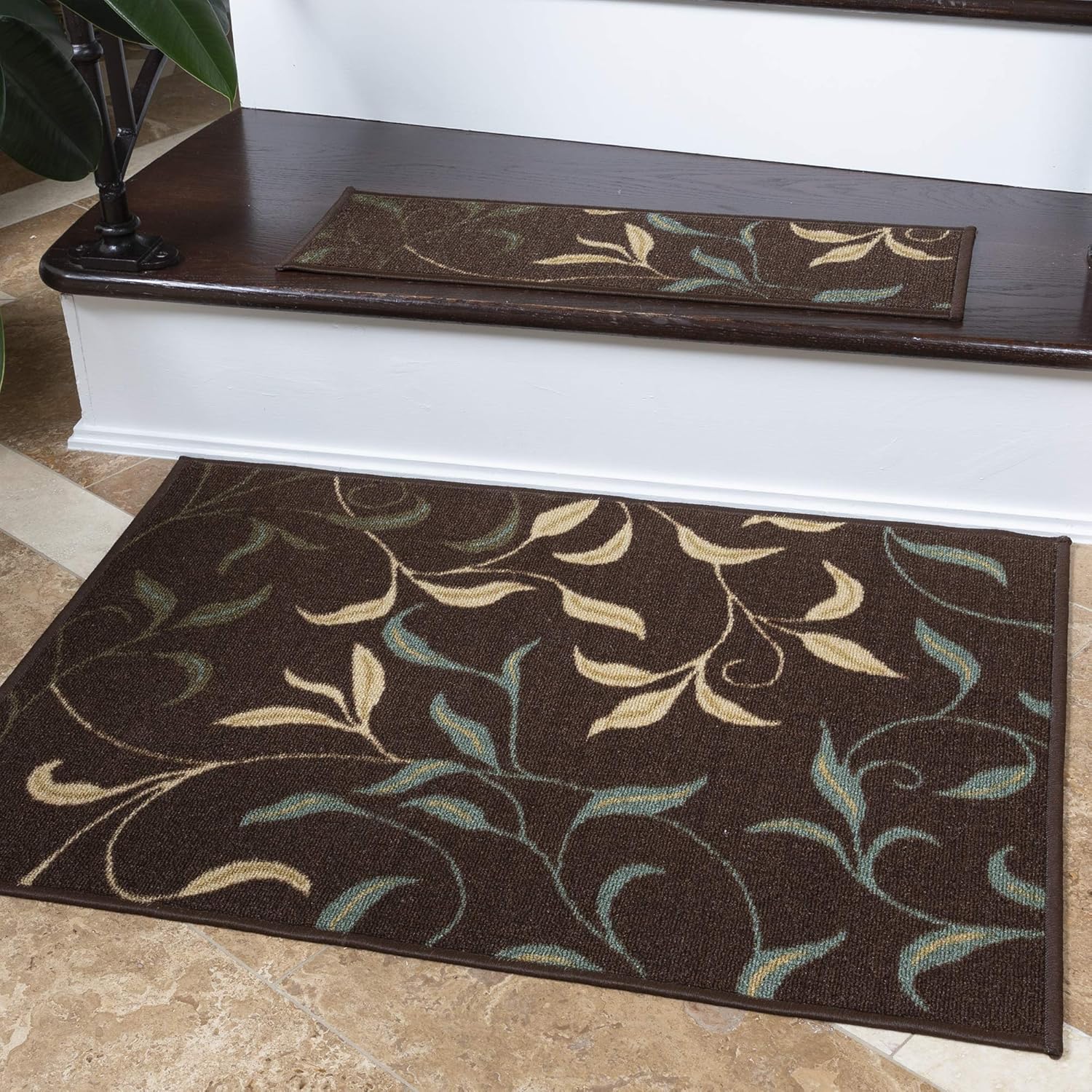 Ottomanson Rugs for Entryway 2'3" x 3' - 2 Pack Non Slip Leaves Small Area Rugs Durable Front Door Mat Rug Stain Resistant Entrance Rugs for Bathroom Kitchen Bedroom & Living Room, Brown