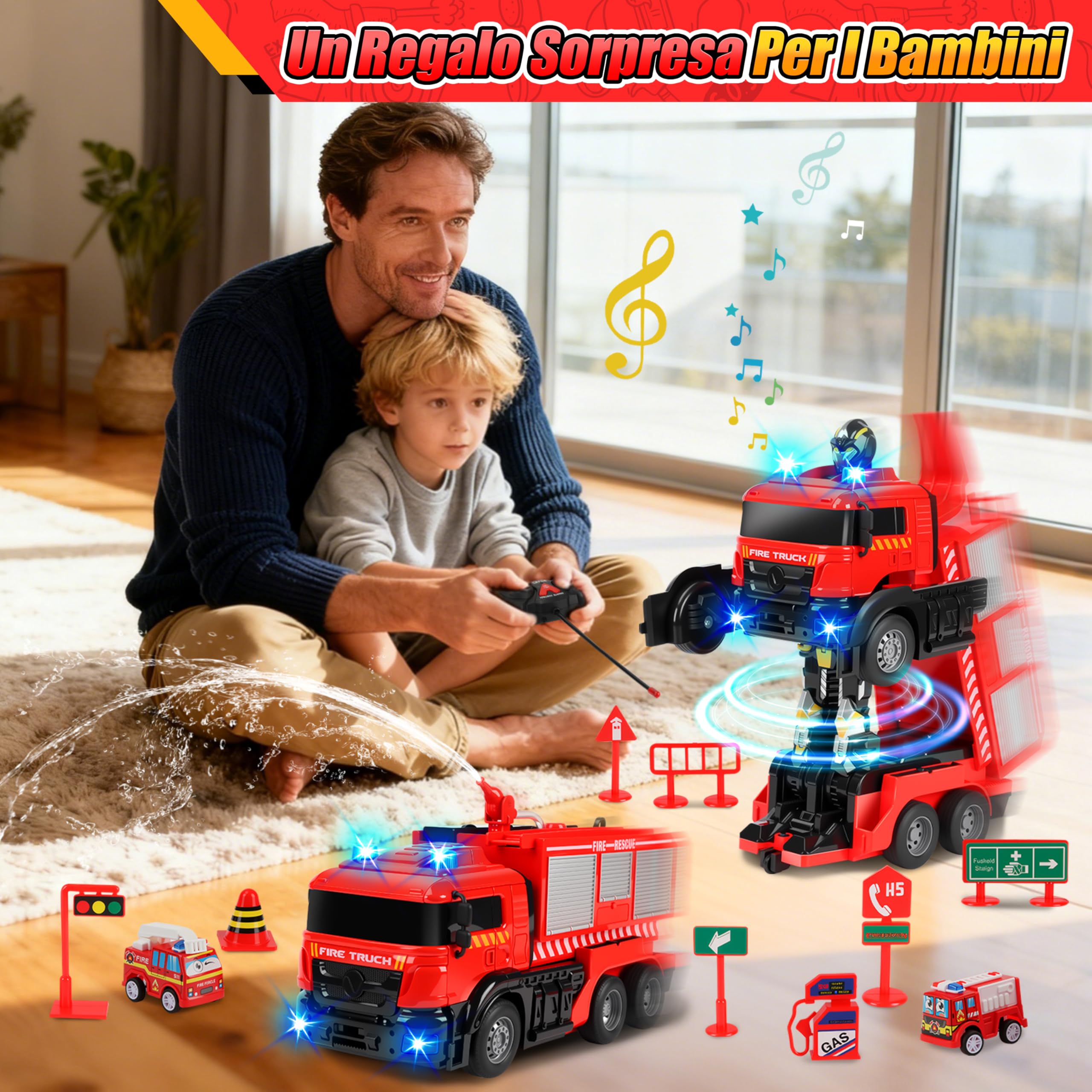 Charmofun Camion Pompieri Giocattolo Telecomandato, Autopompa Vigili del Fuoco con Luci e Suoni, Pompiere Giocattoli con Irrigatore, Trasforma Robot e Macchina Telecomandata, Regalo Bambini
