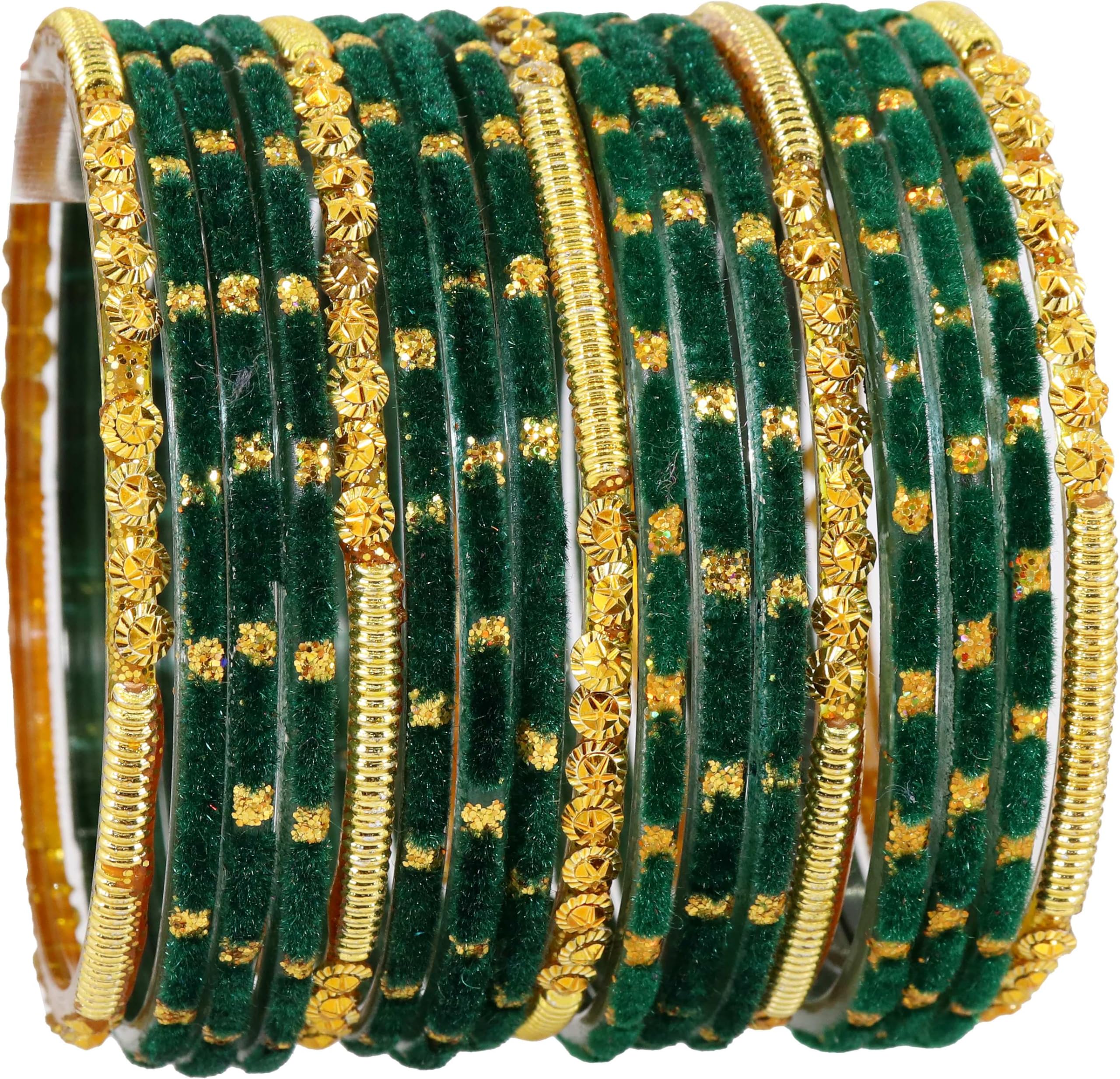 Glass Golden Beads Polka Dots Velvet Bangles Set (Spring 8 Inches)