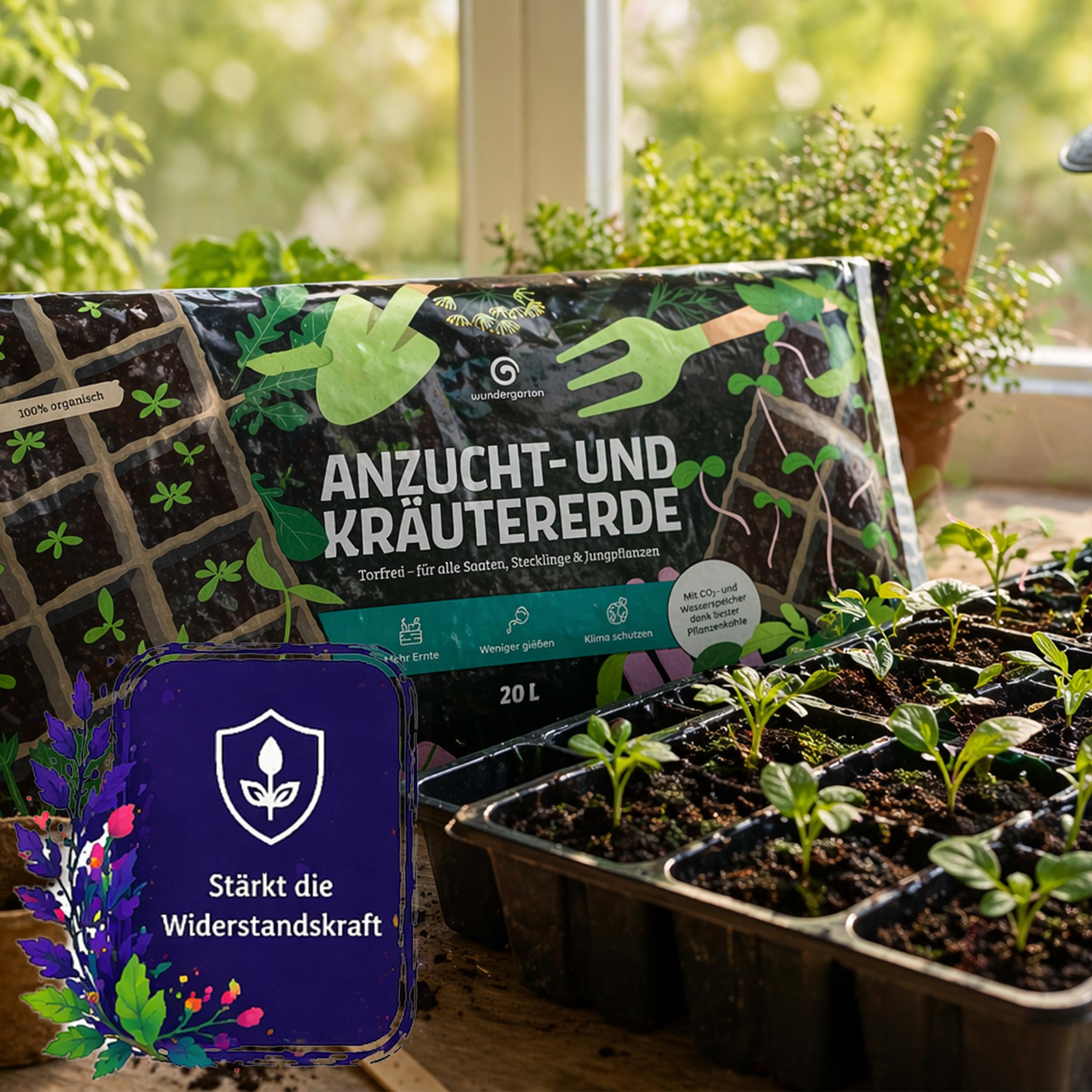 6X 20L Bio Anzuchterde & Kräutererde torffrei – Mit Pflanzenkohle – Wundergarten – Erde für Aussaat, Jungpflanzen & Kräuter – Hohe Keimrate & kräftiges Wachstum