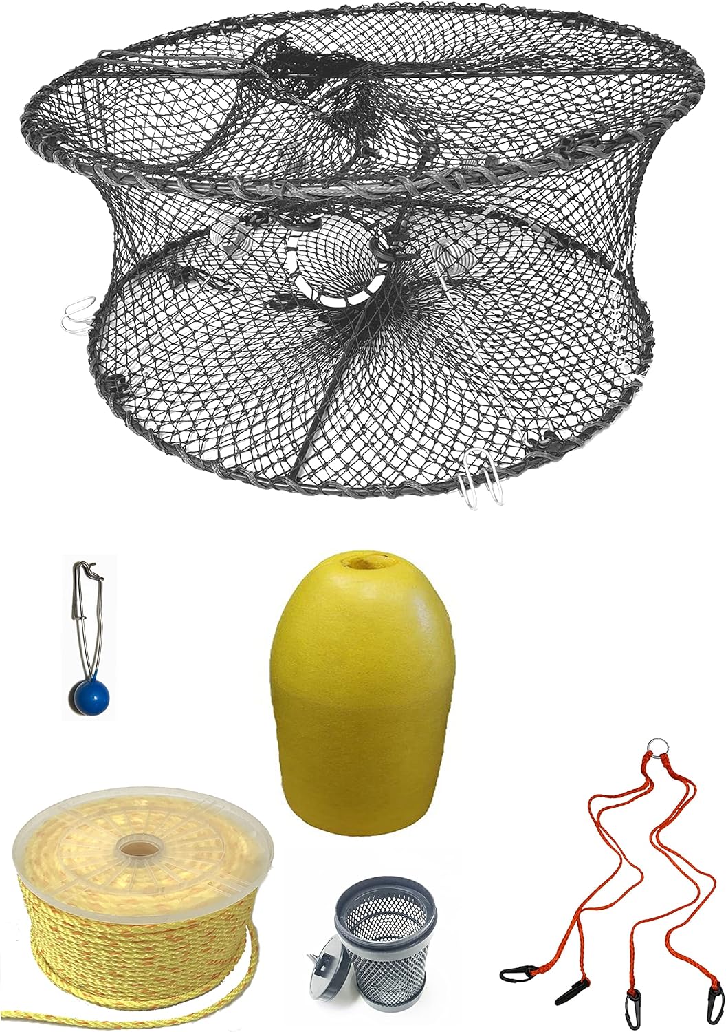 KUFA Sports Foldable Prawn Trap (Stretched Mesh Size:1-3/4") with 400' Rope, Yellow Float, Bait Bag & Harness Combo