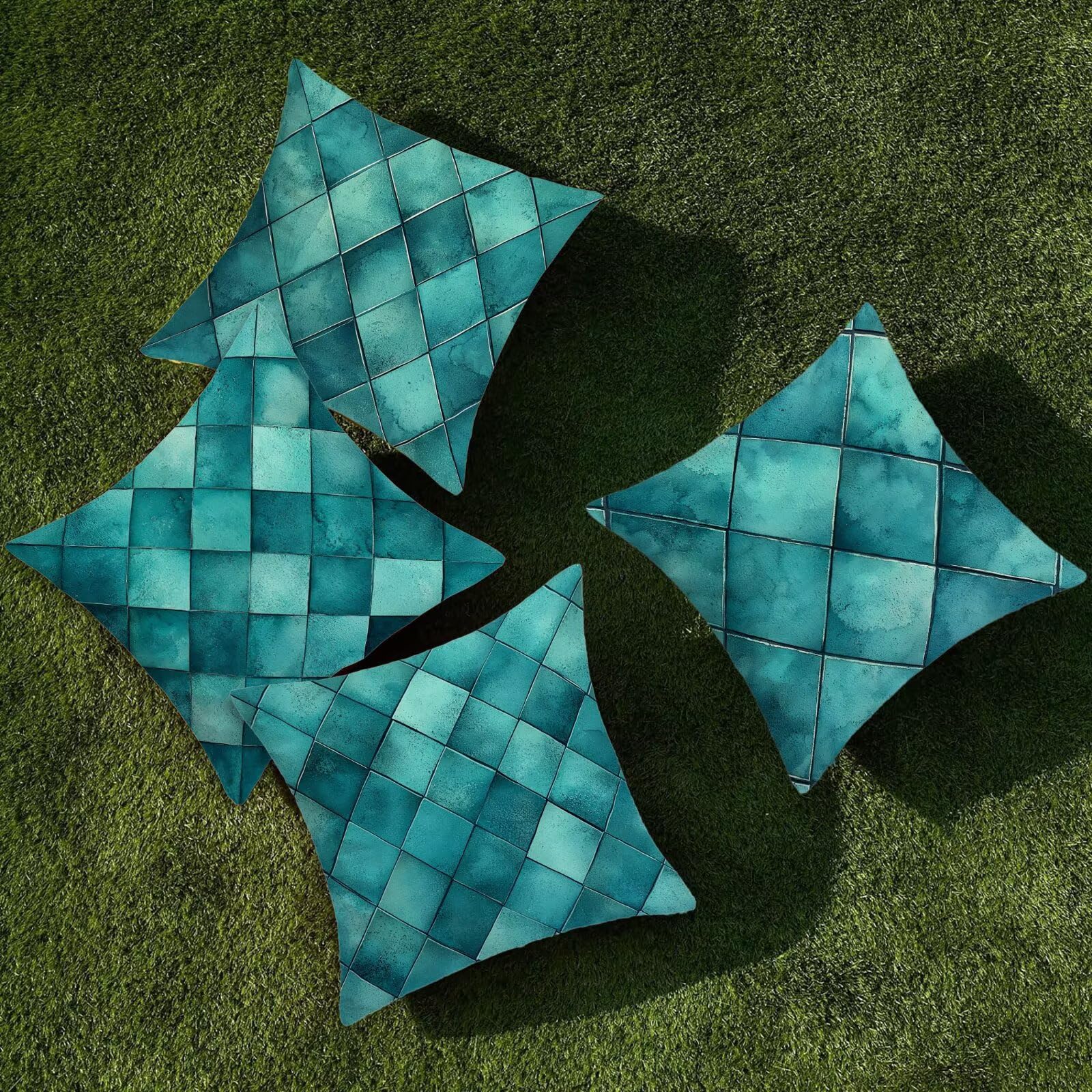 Juego de 4 Funda de Cojín Exterior Impermeable, 55x55 cm Fundas Cojínes Verde de Lino, Exterior Impermeable Lino Cojín Enrejado Decorativo, Fundas de Almohada para Patio Balcón Jardín Sofá Silla I-77