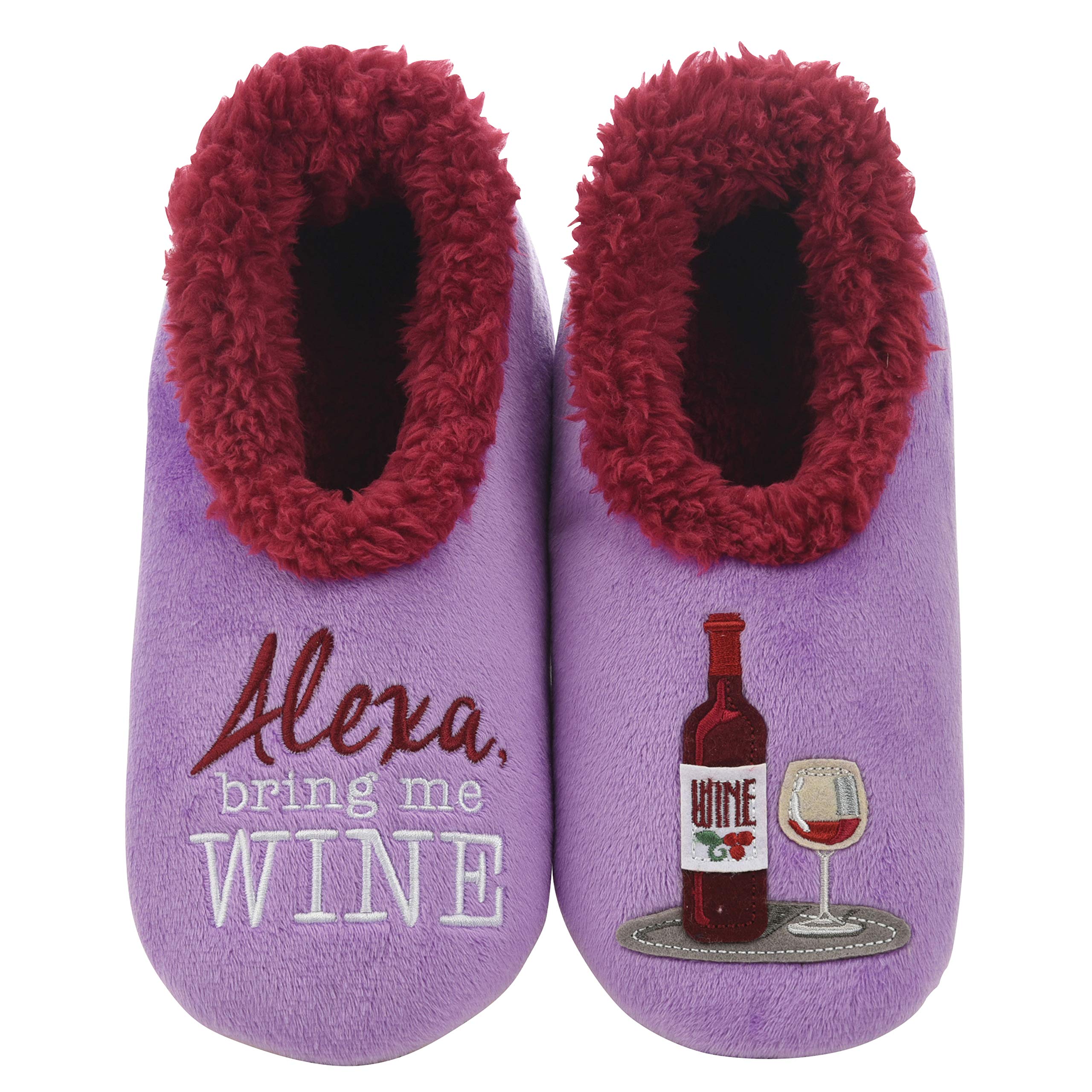 Snoozies Wine Slipper Socks for Women, Funny Wine Gifts and House Slippers Soft Non-Slip, Sherpa Lining, Indoor Cute Slippers - Alexa Bring Me Wine - Large