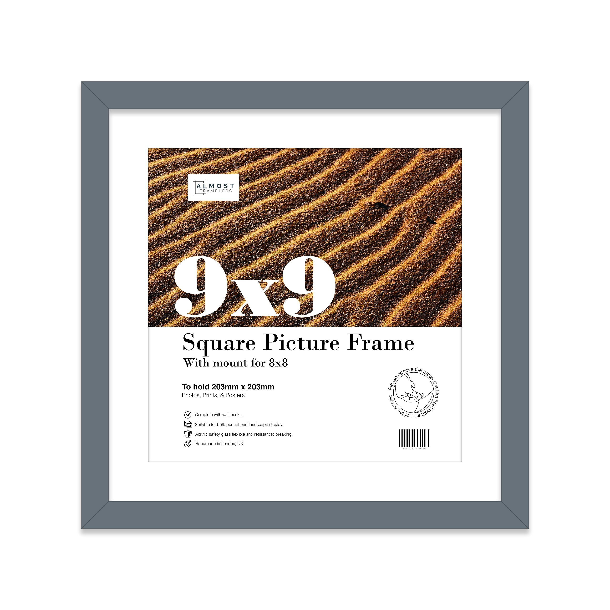 Almost Frameless 9x9 Picture Frame, Display Pictures 8x8 With Mat or 9x9 Without Mat, Wall Hanging & Free Standing Photo Frame, Grey, 1 Pack