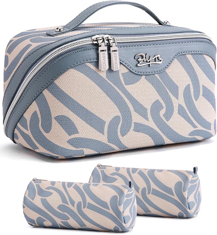 Necessaire de maquiagem BOYATU com 3 peças e 2 bolsas removíveis, abertura plana, couro PU azul