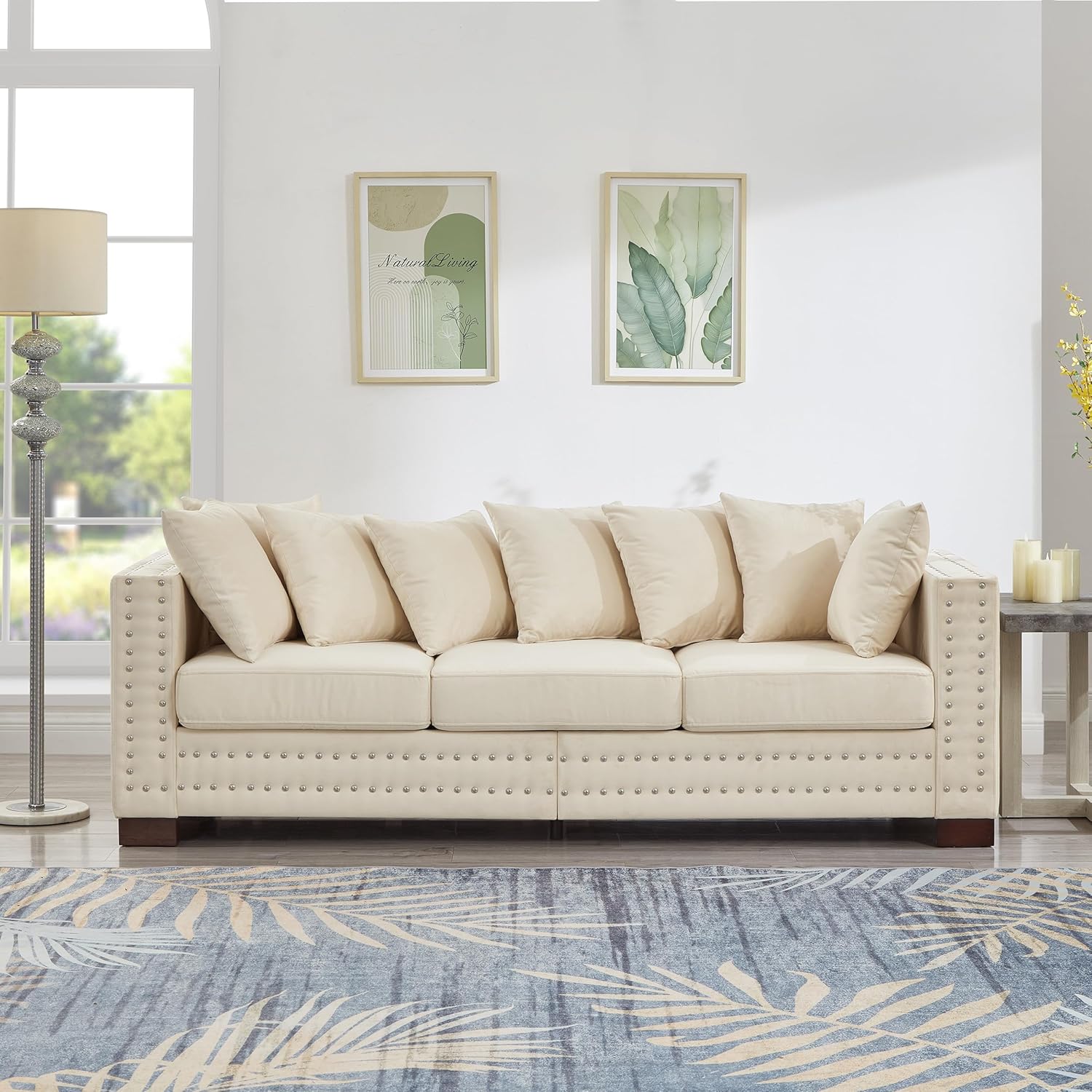 84.5''Velvet Upholstered Sofa, Comfy Modern Couch with Silver Nails Decoration and Hidden Storage Space, 3 Seat Storage Sofa Couch with 8 Pillows for Living Room, Apartment, Apricot