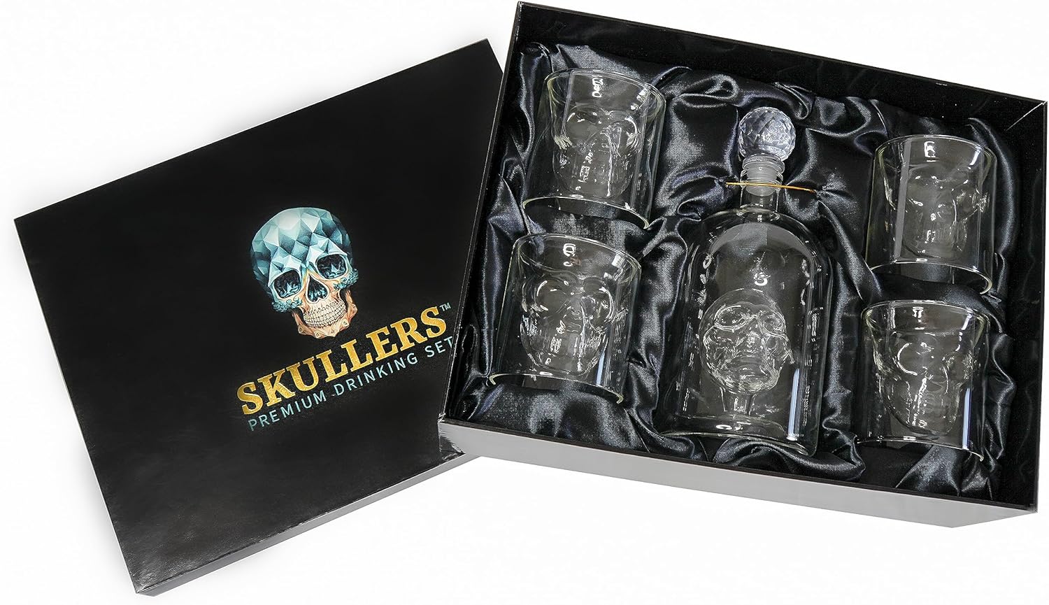 Skullers Skull Whiskey Decanter Set – 37oz Lead-Free Glass Bottle + 4 Shot Glasses – Gothic Bar Gift for Men – Unique Tequila, Rum, or Vodka Liquor Set for Halloween, Birthdays & Collectors