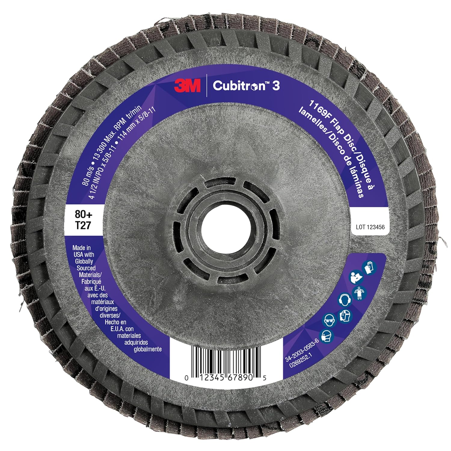 3M Cubitron 3 Flap Disc 1169F, 40+, T27-Flat, 4-1/2 in x 7/8 in, 10 ea/Case
