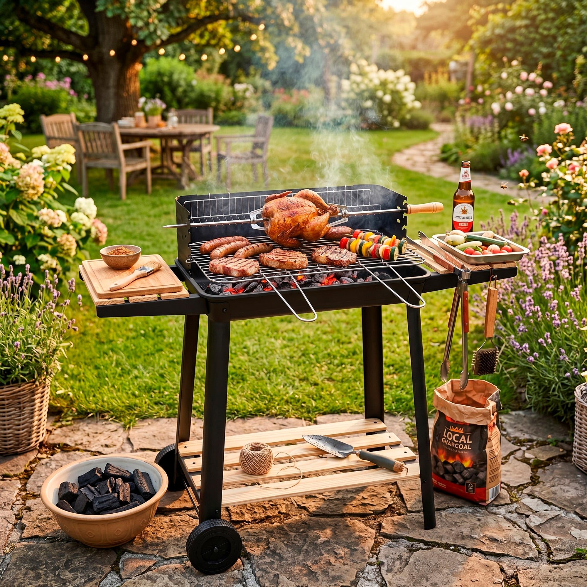 Grill na węgiel drzewny, na kółkach z obrotowym rożnem, ruszt do grillowania z regulacją wysokości, mobilny grill BBQ z rolkami, z półkami bocznymi, ruszt do podgrzewania, grill ogrodowy, na taras