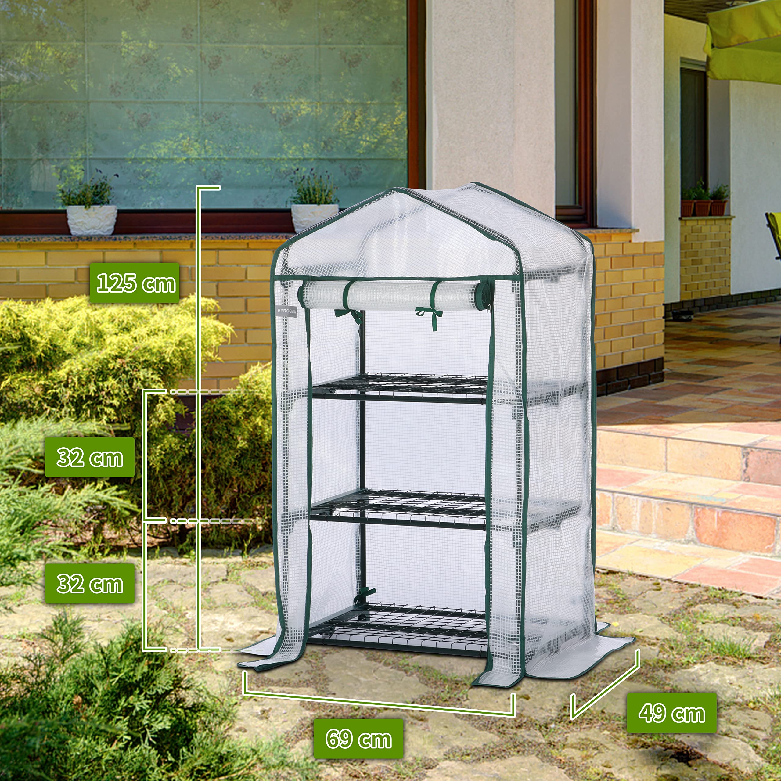 EPROSMIN Mini serre avec 3 étagères, housse en plastique PE imperméable, double porte à fermeture éclair, cadre en acier robuste pour jardin et extérieur - Dimensions (H x l x P) : 125 x 69 x 49 cm